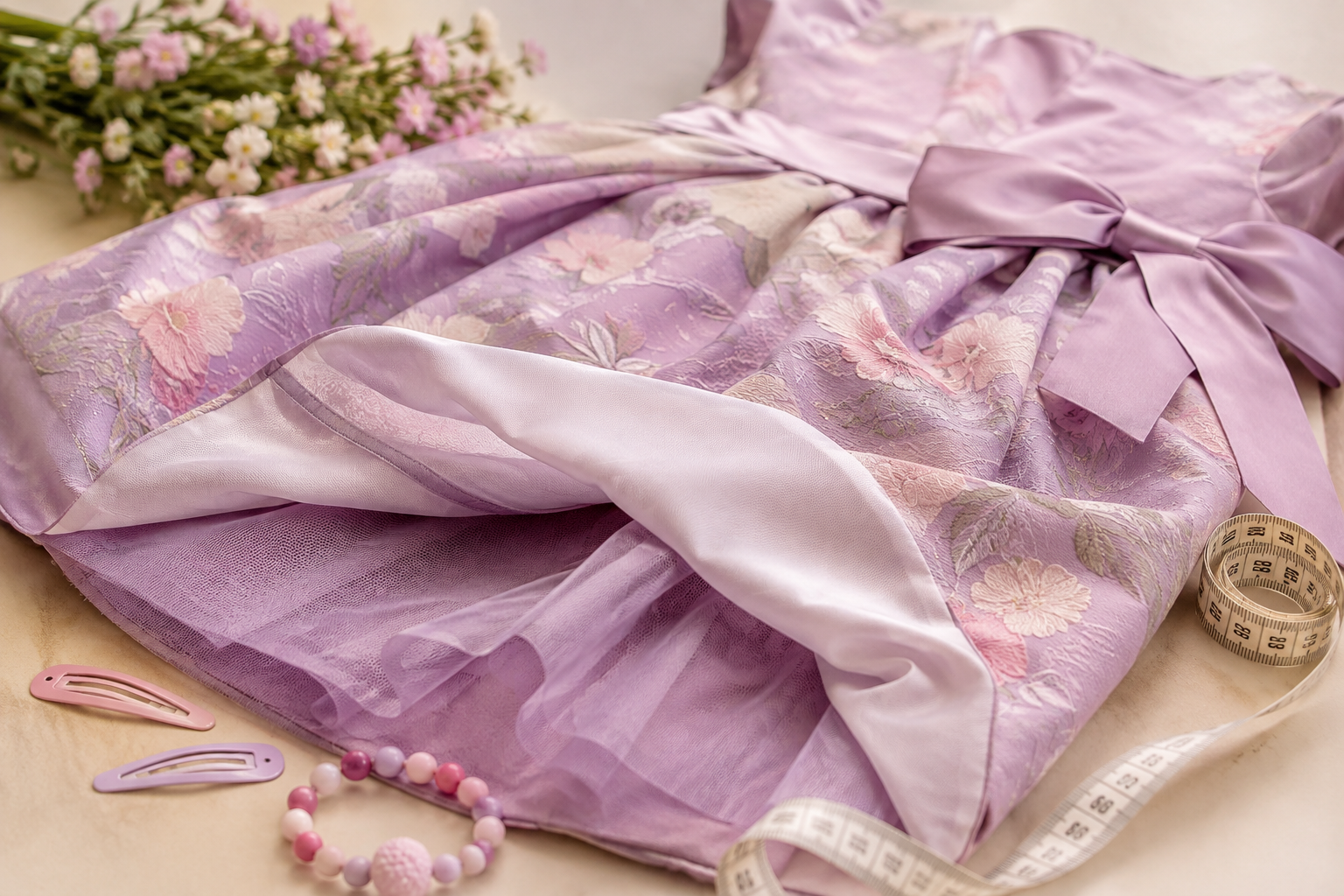 Detalhe de tecido, forro, laço e fita métrica para escolher vestido infantil de festa