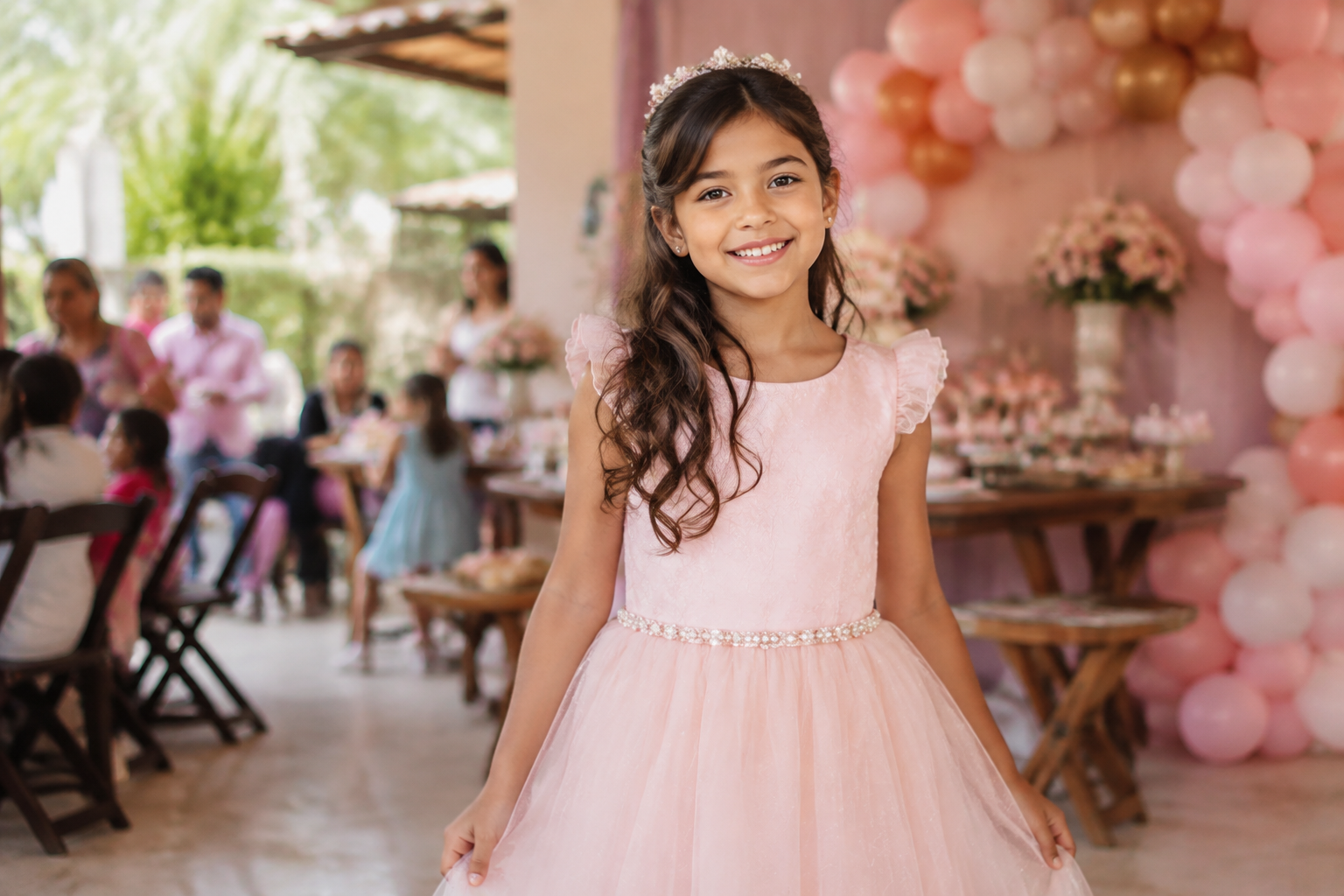 Menina usando vestido infantil de festa em uma comemoração em Alto Horizonte