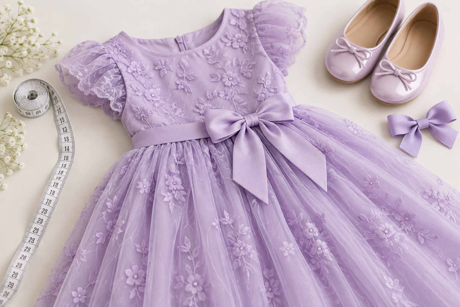 Vestido infantil lilás com fita métrica e sapatos para avaliar medidas