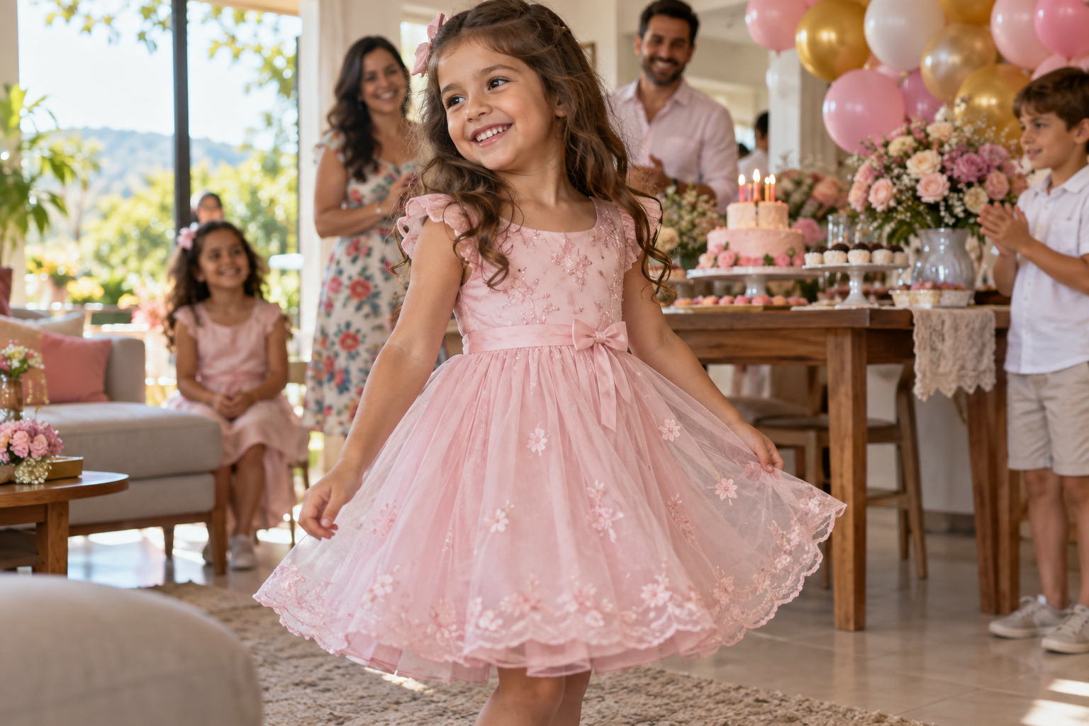 Menina usando vestido infantil rosa em festa de aniversário