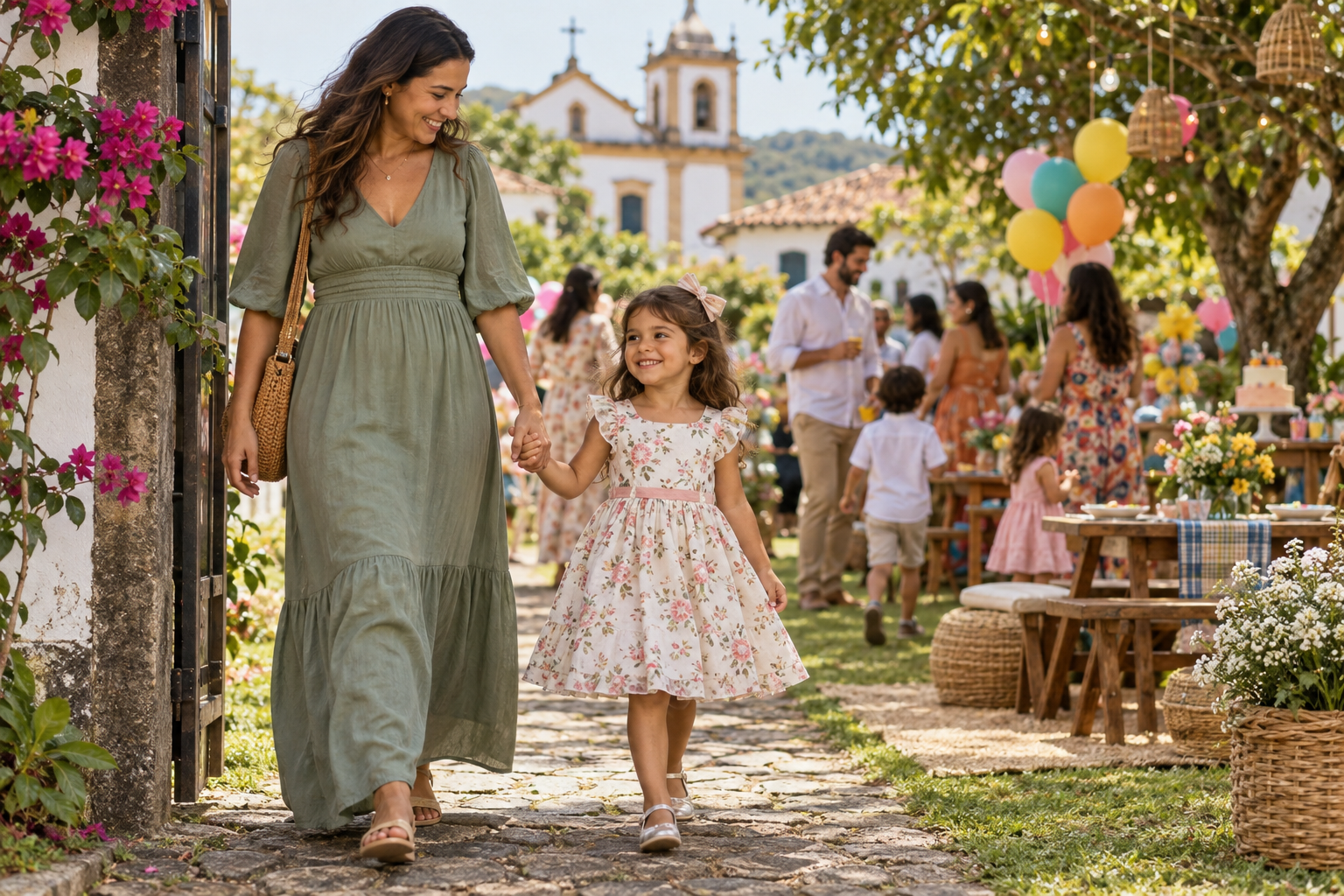 Mãe e filha caminhando para uma comemoração com vestido infantil floral