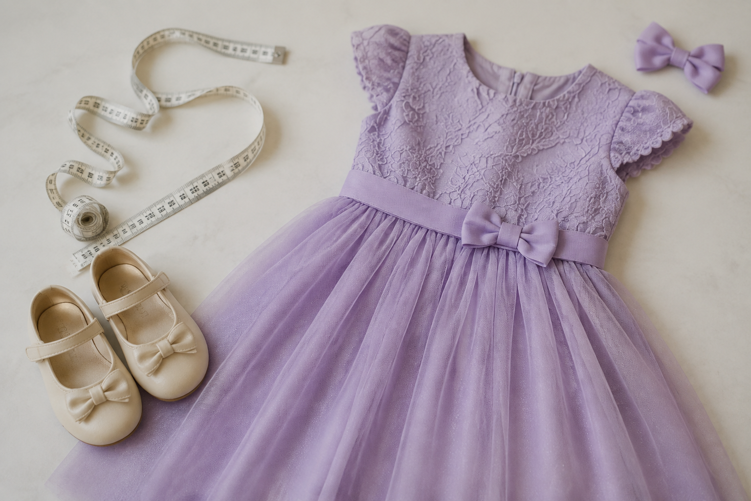 Vestido infantil lilás com fita métrica e sapatos para avaliar medidas