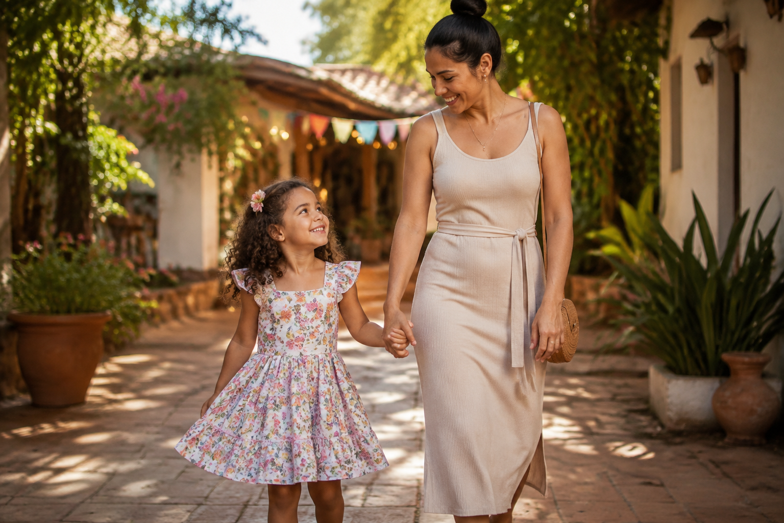 Mãe e filha caminhando para uma comemoração com vestido infantil floral