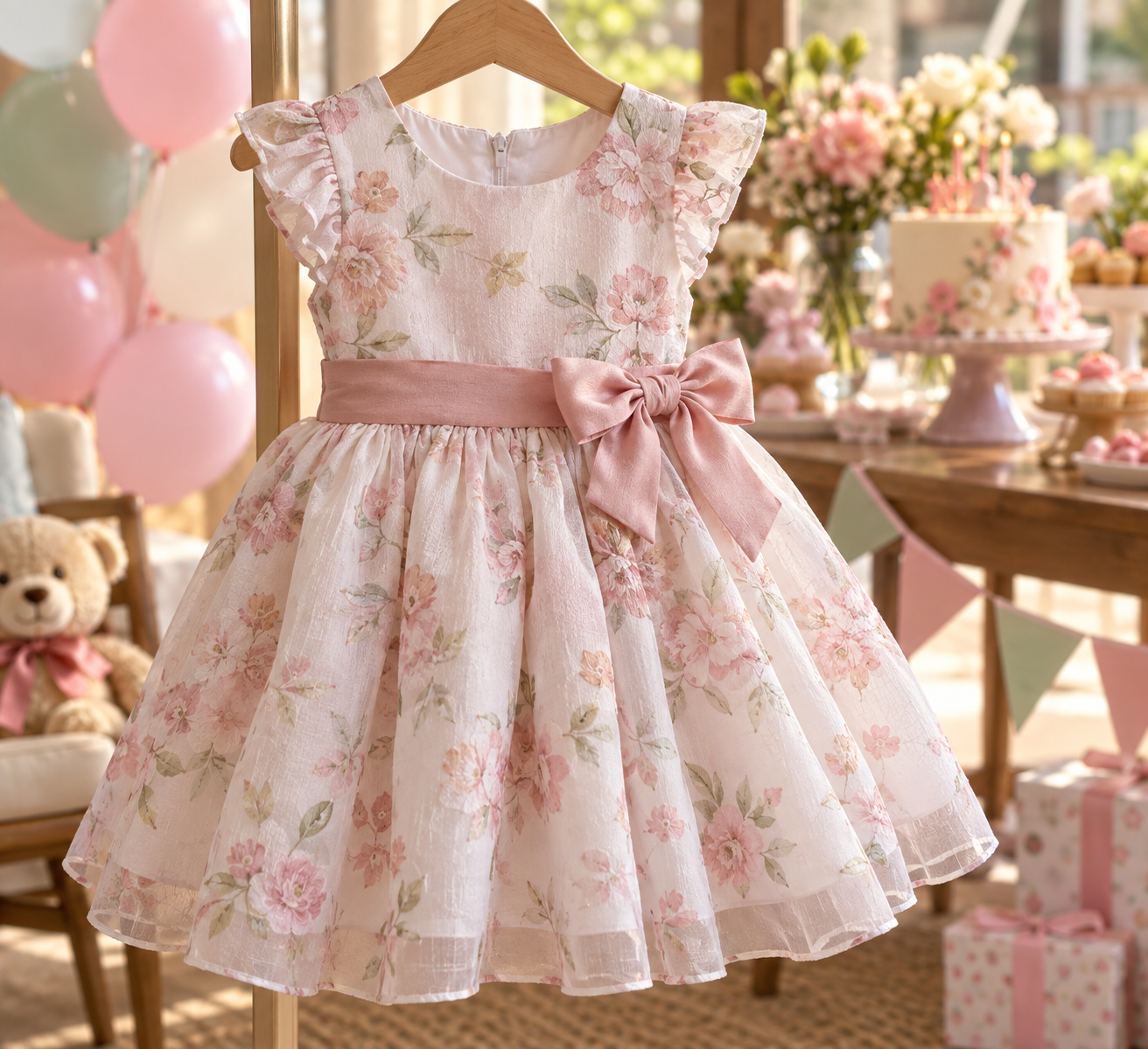 Vestido infantil de festa com estampa floral em cenário de aniversário