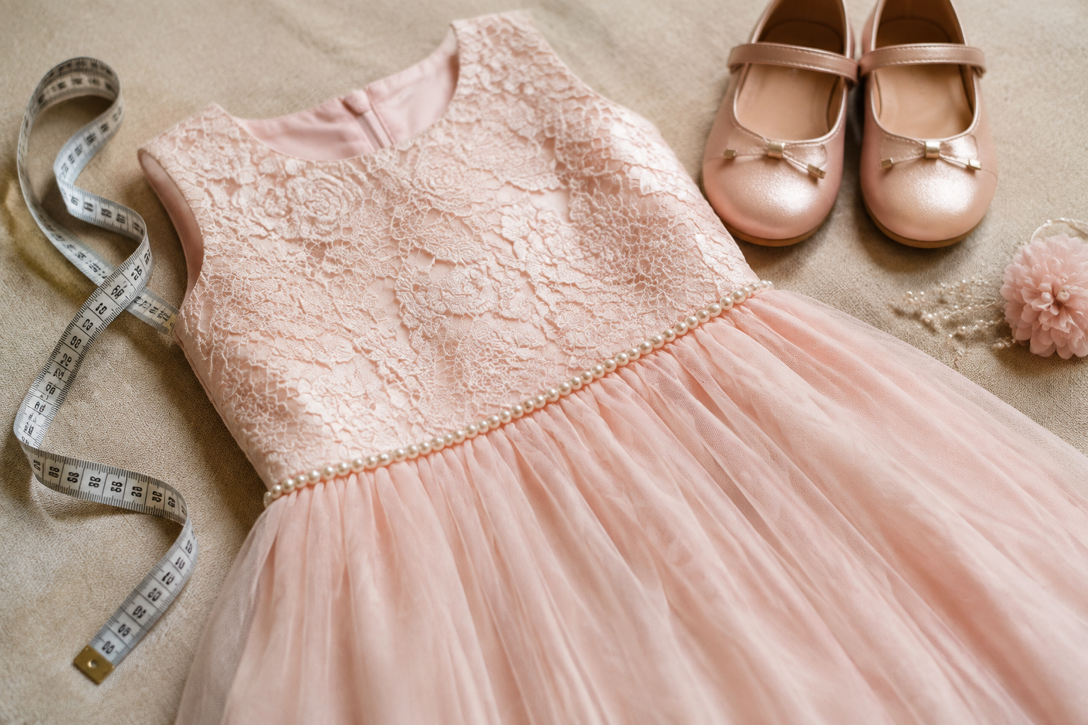 Vestido infantil de festa ao lado de fita métrica para conferir medidas e acabamento
