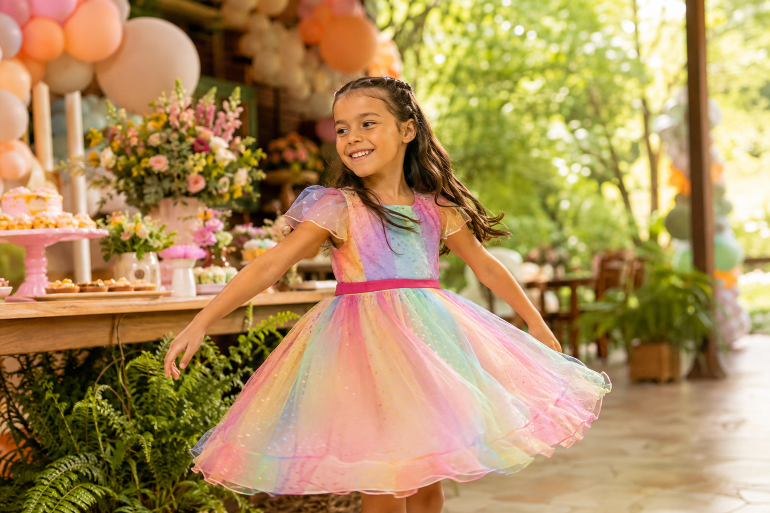 Menina usando vestido infantil confortável em uma festa em Doverlândia, Goiás