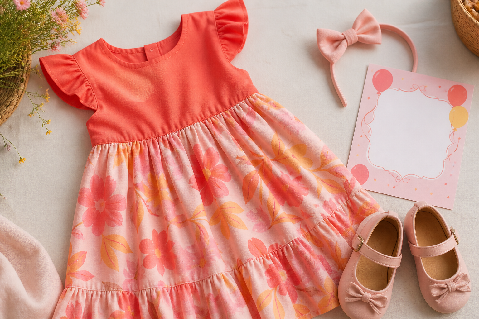 Composição de look infantil para festa com vestido, sapato e acessório