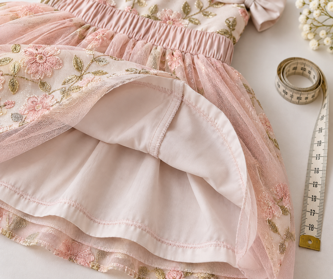 Detalhe de tecido, forro e fita métrica para escolher vestido infantil