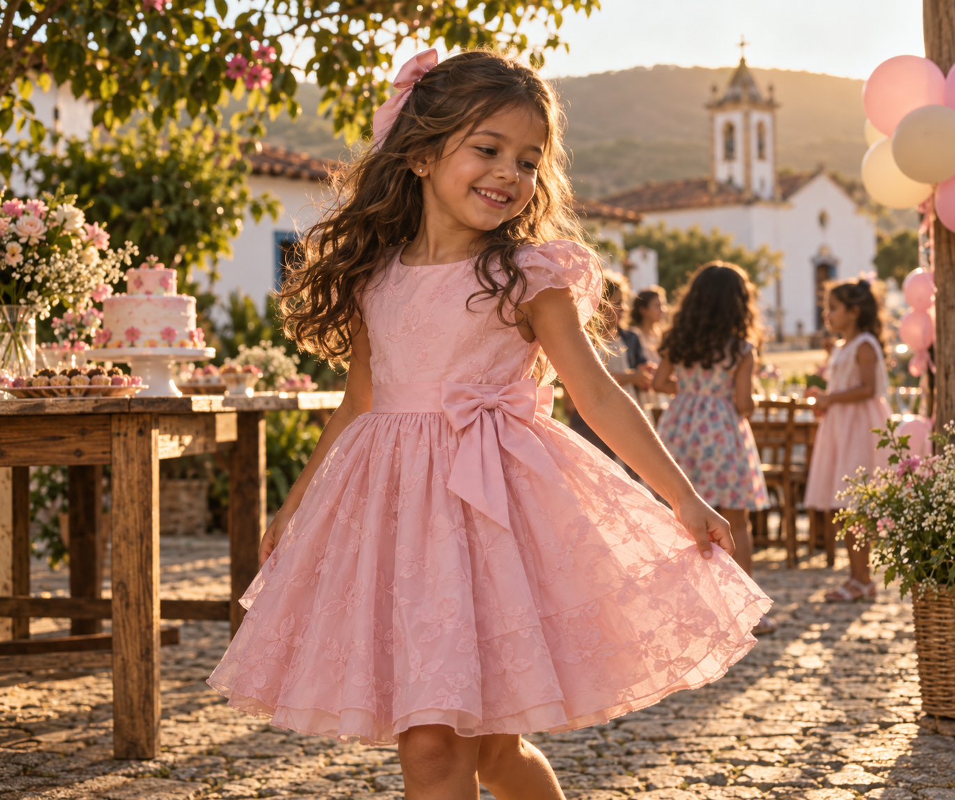 Menina usando vestido infantil de festa em uma comemoração