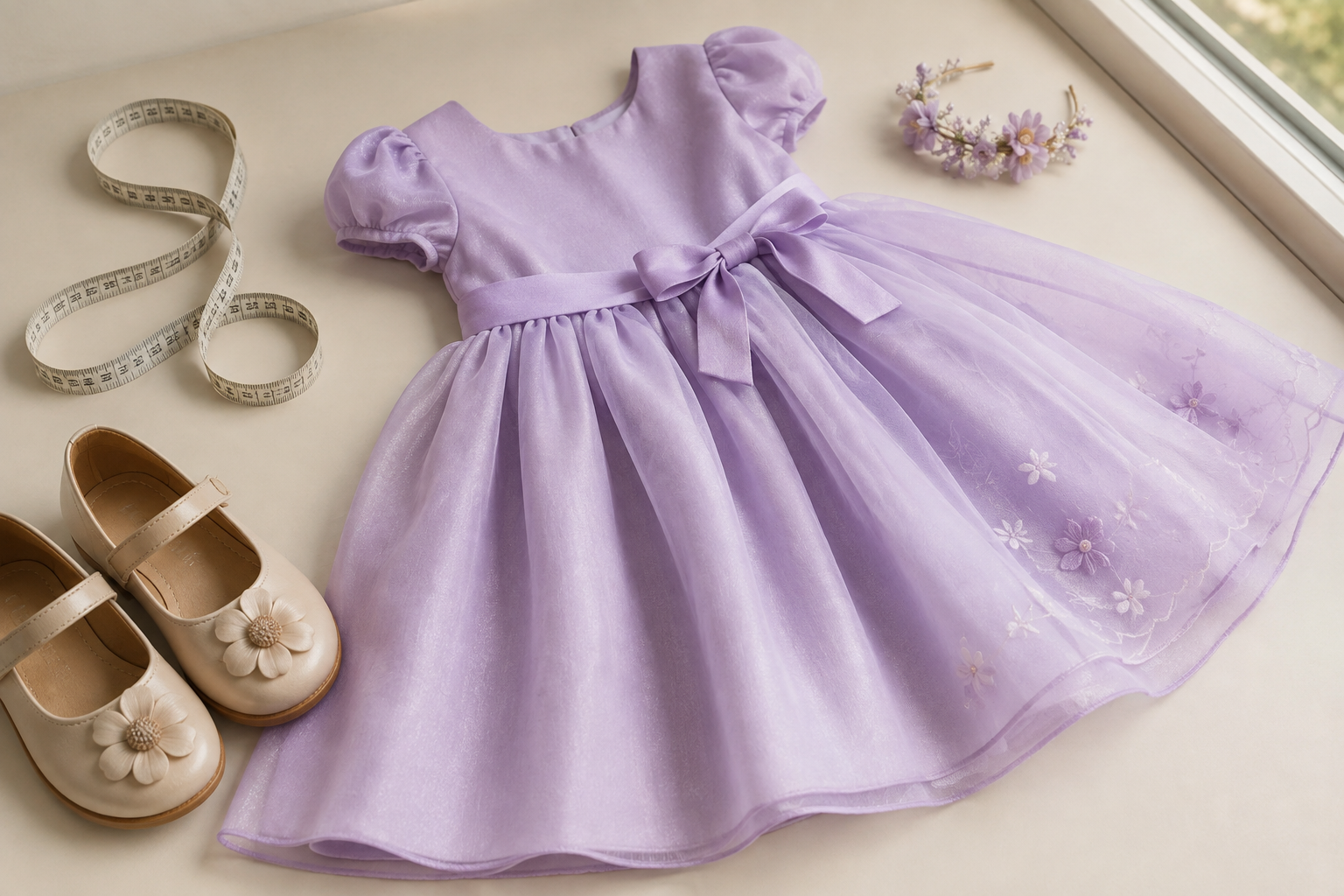 Vestido infantil lilás com fita métrica, sapatos e acessório