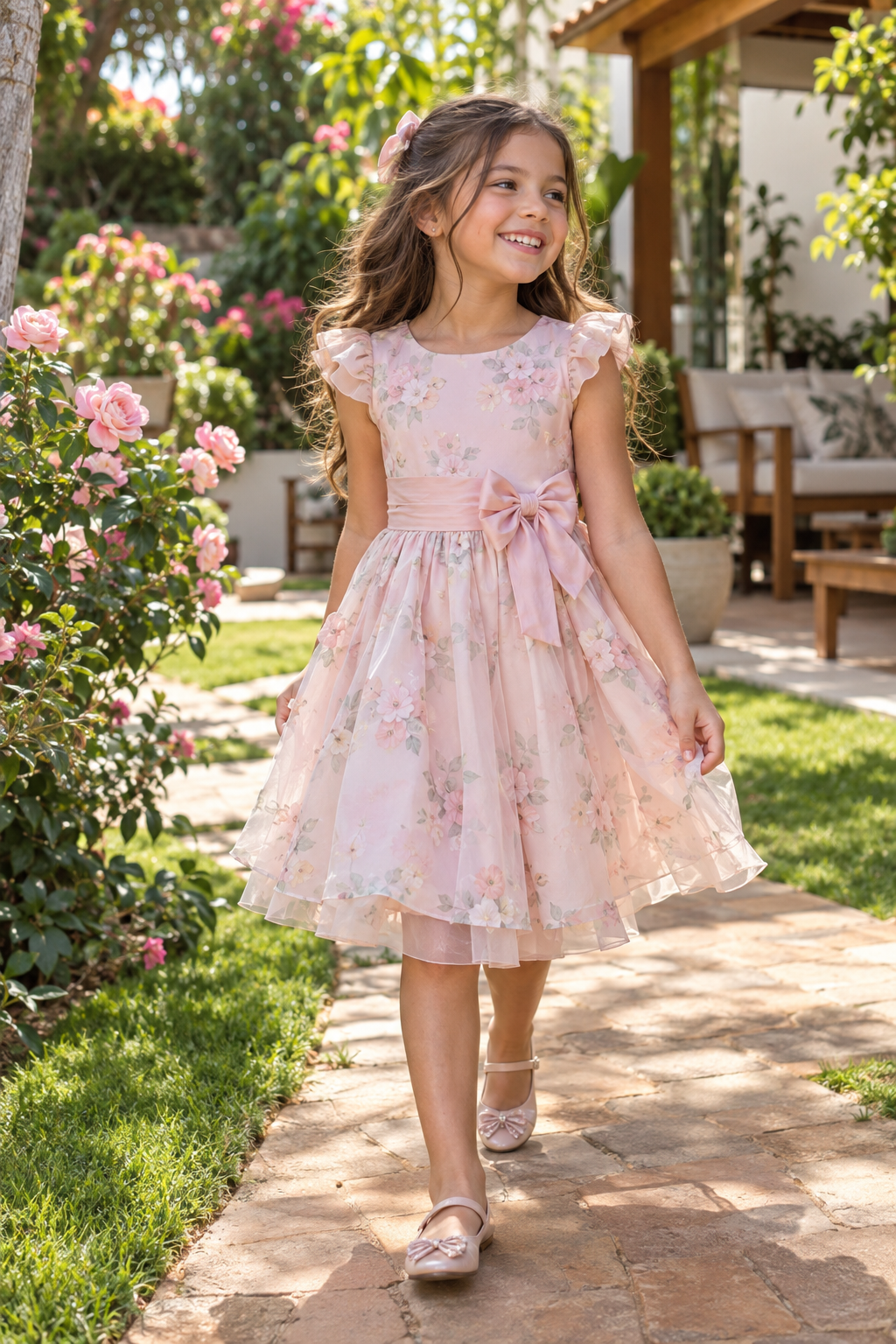 Menina usando vestido infantil de festa em um jardim ensolarado