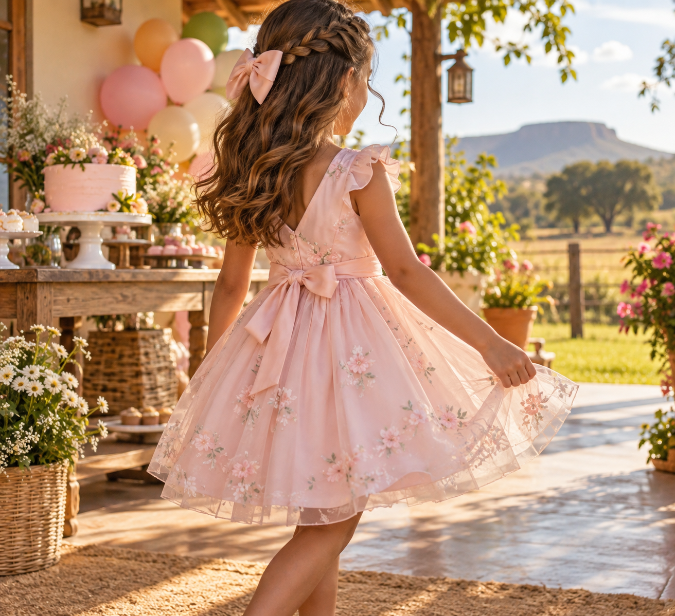 Menina usando vestido infantil de festa em uma comemoração, referência visual para famílias de Mundo Novo, Goiás