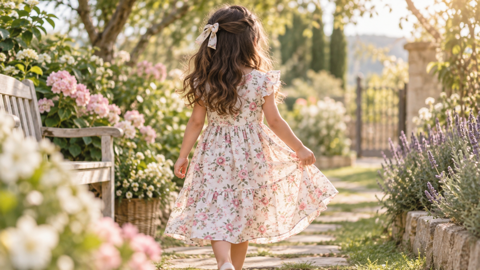 Menina sem rosto identificável usando vestido infantil floral em jardim florido de primavera