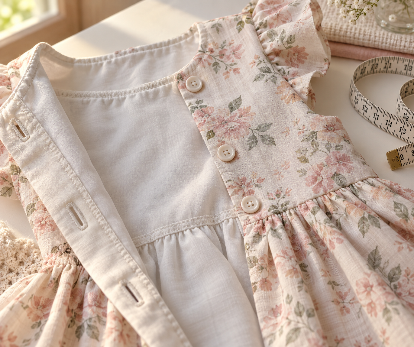 Detalhe de tecido, forro e fita métrica para escolher vestido infantil