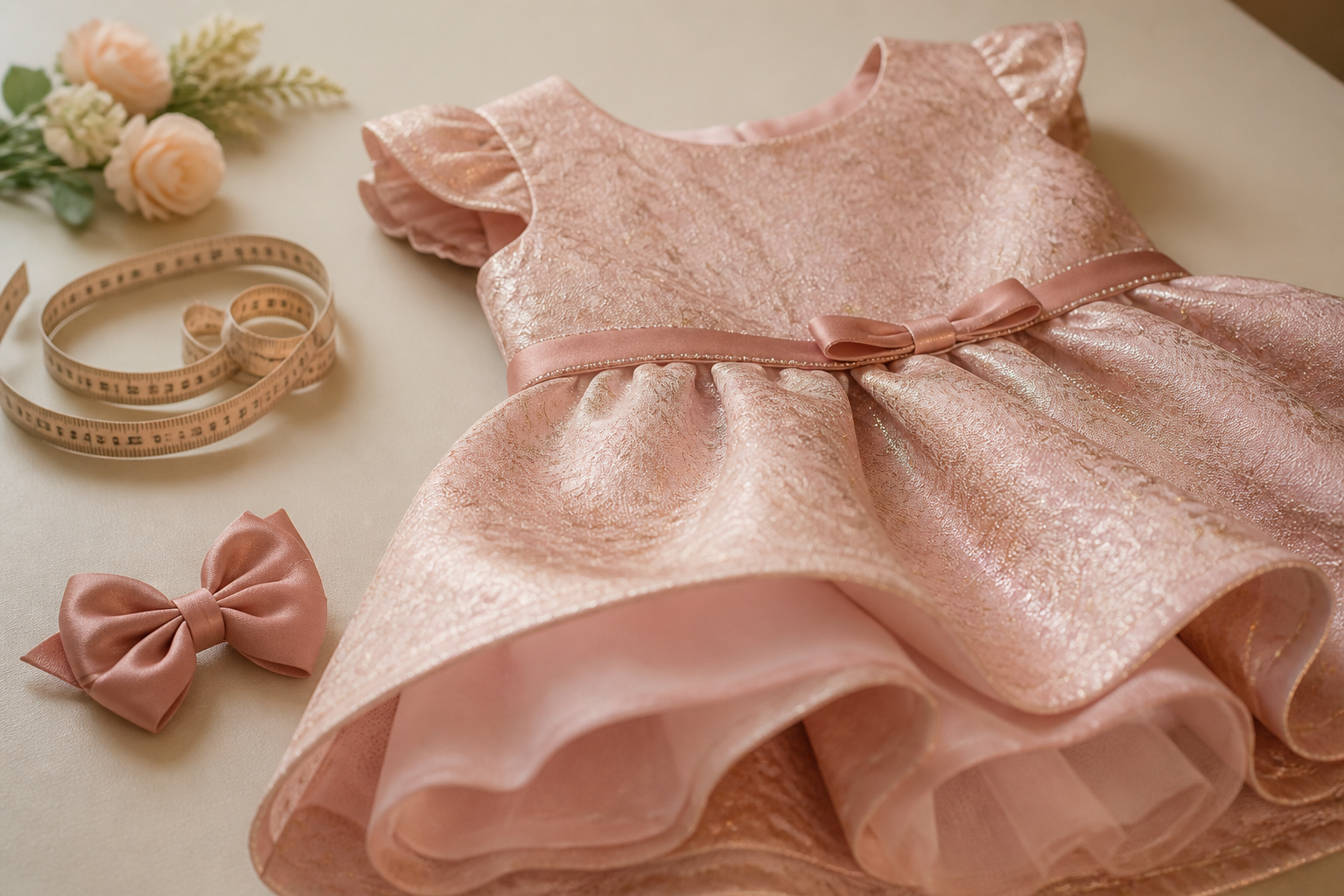 Vestido infantil de festa com fita métrica para conferir tecido, acabamento e medidas