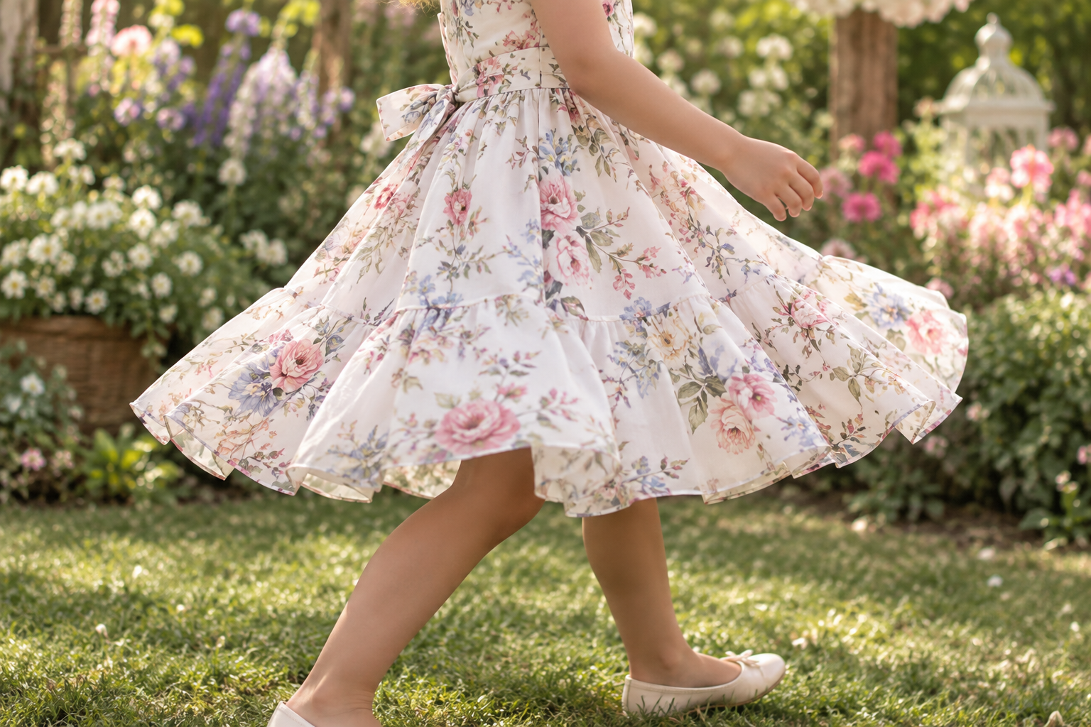Detalhe de vestido infantil floral rodado em movimento em jardim de primavera
