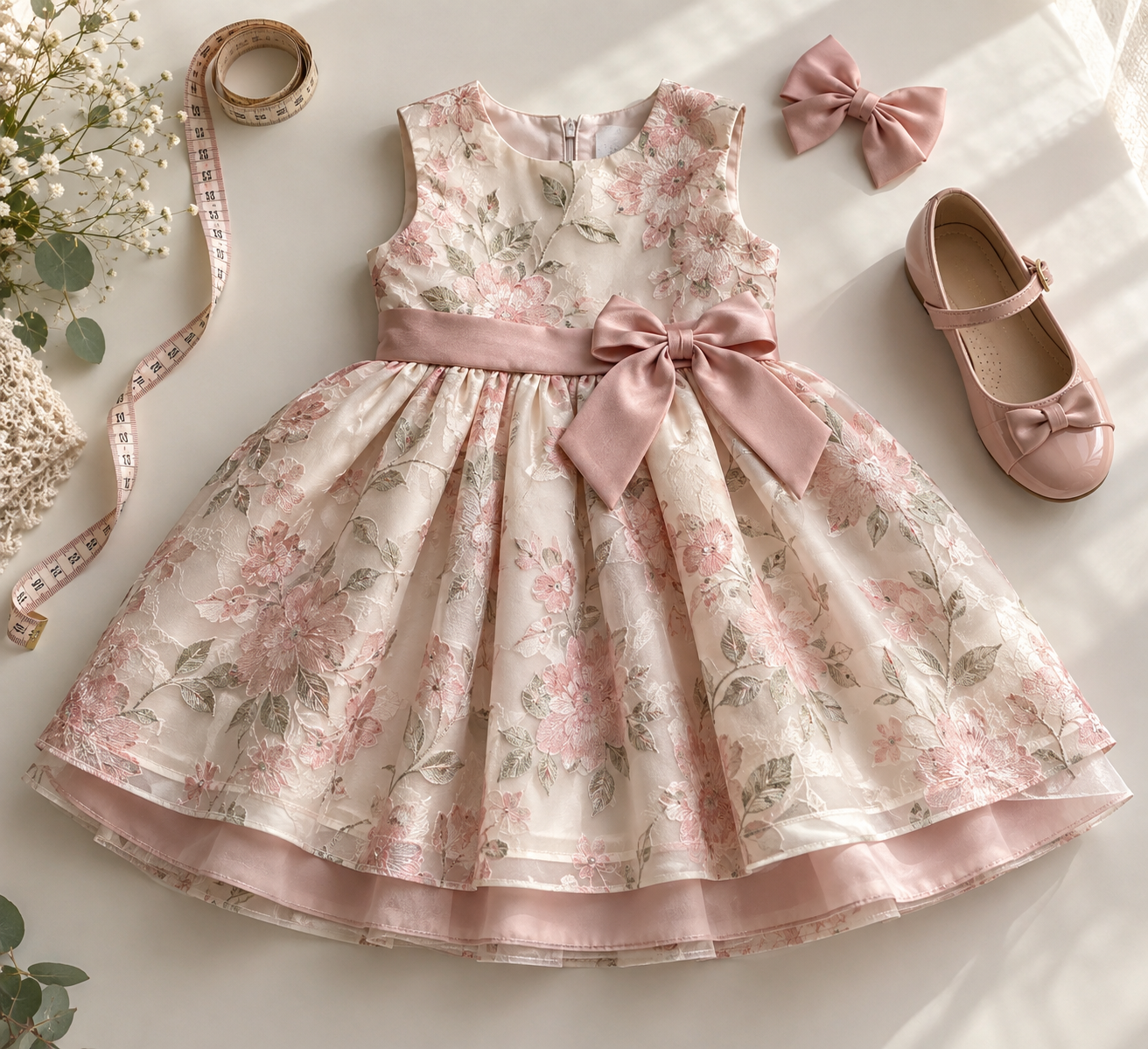 Vestido infantil de festa ao lado de fita métrica, sapato e laço para conferir medidas