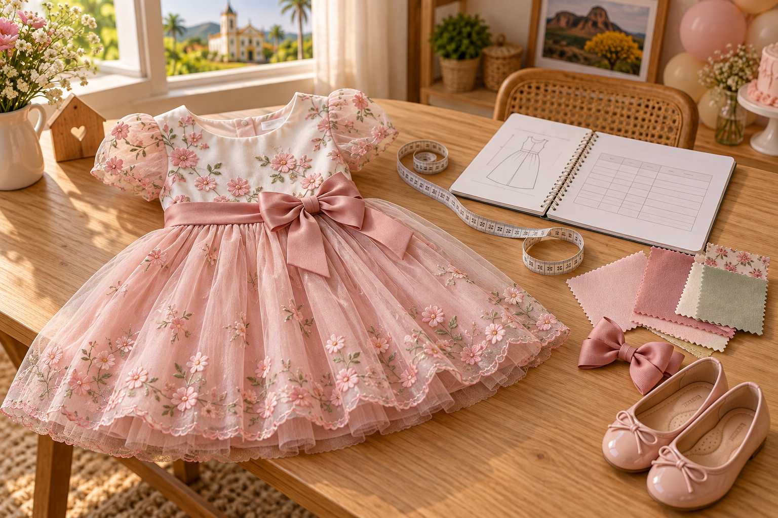 Vestido infantil de festa ao lado de fita métrica, sapato e laço para conferir medidas