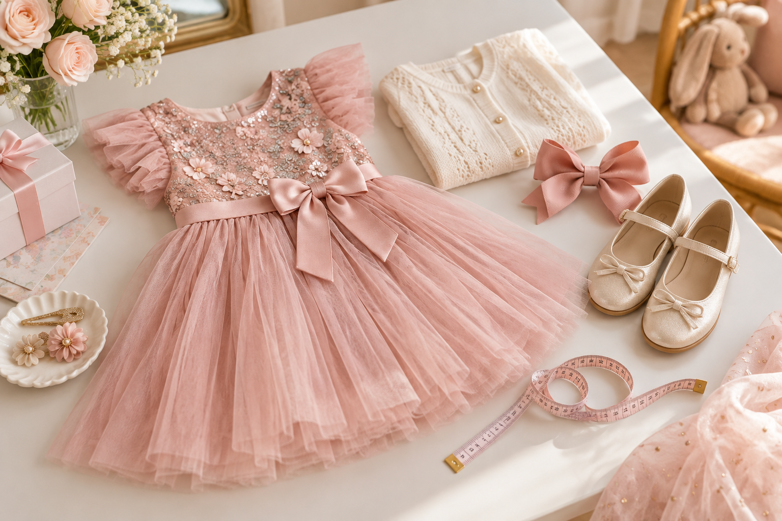 Vestido infantil de festa ao lado de fita métrica, laço e sapato confortável