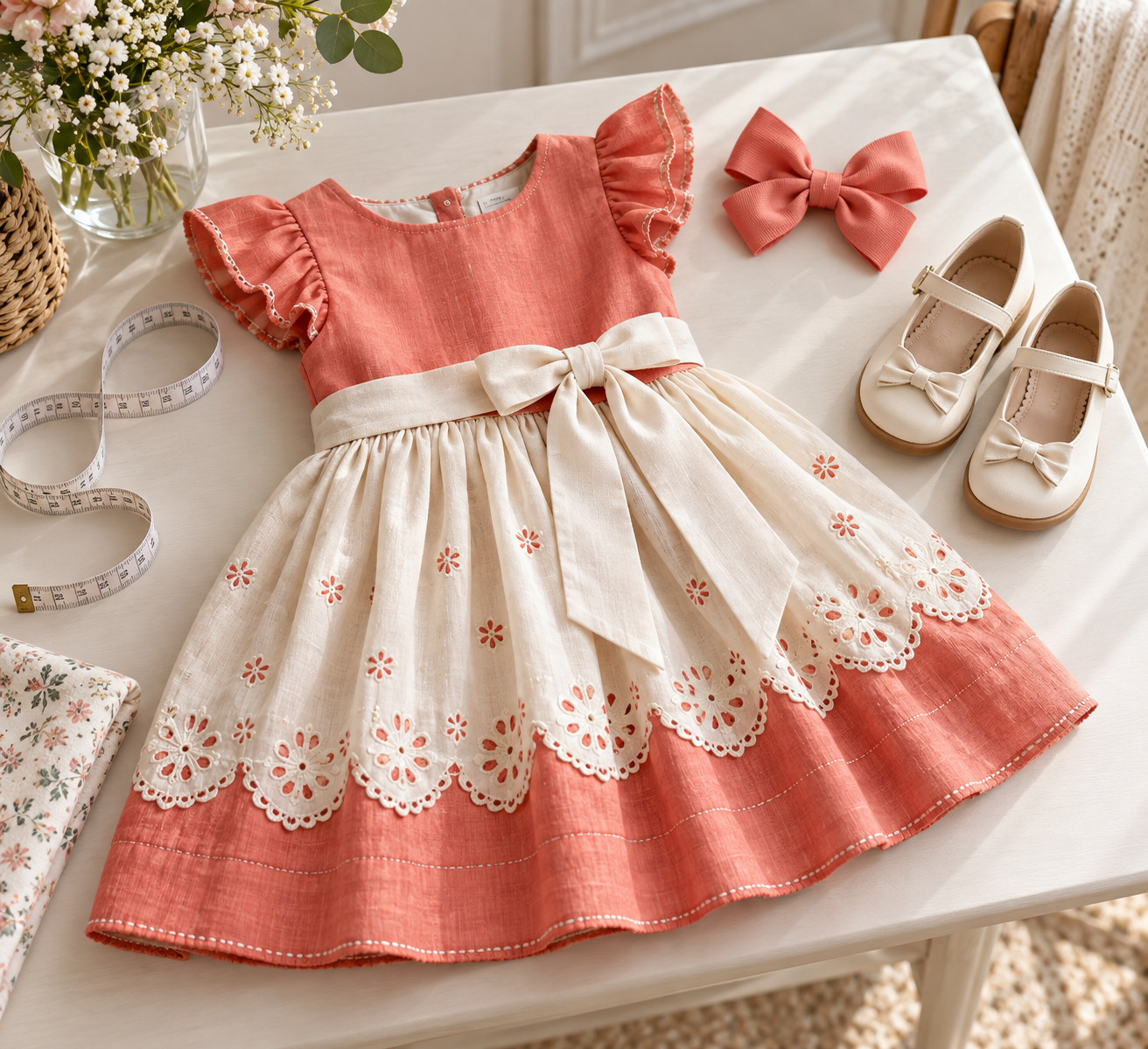 Vestido infantil de festa ao lado de fita métrica, laço e sapato confortável