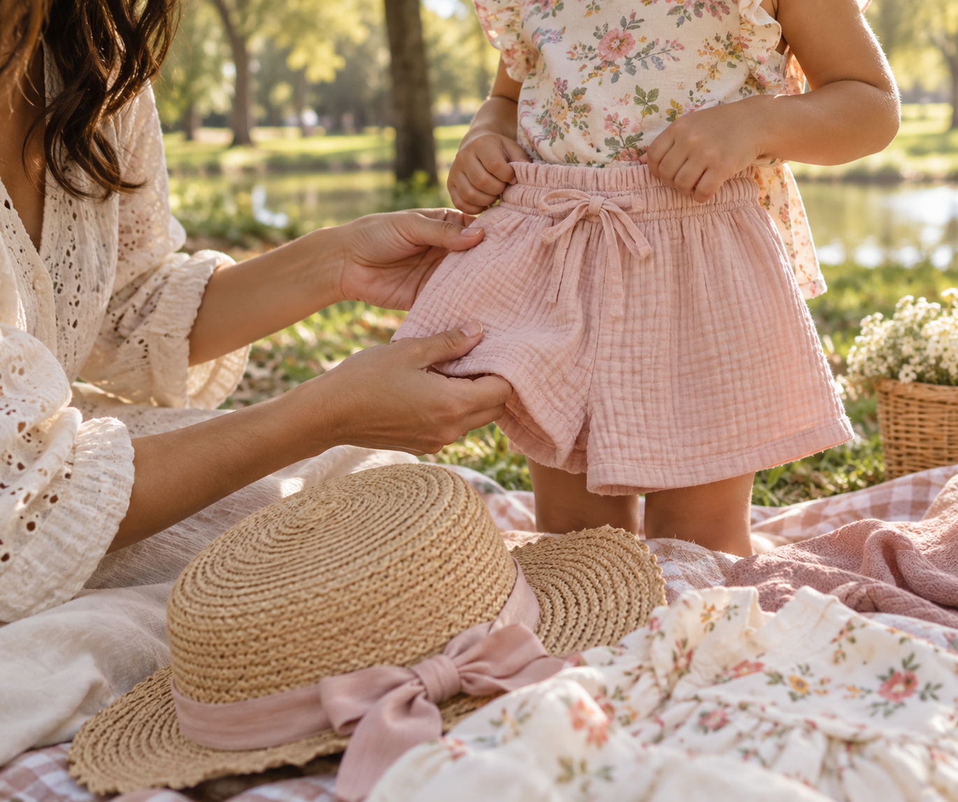 Adulto conferindo o ajuste da roupa infantil antes do piquenique