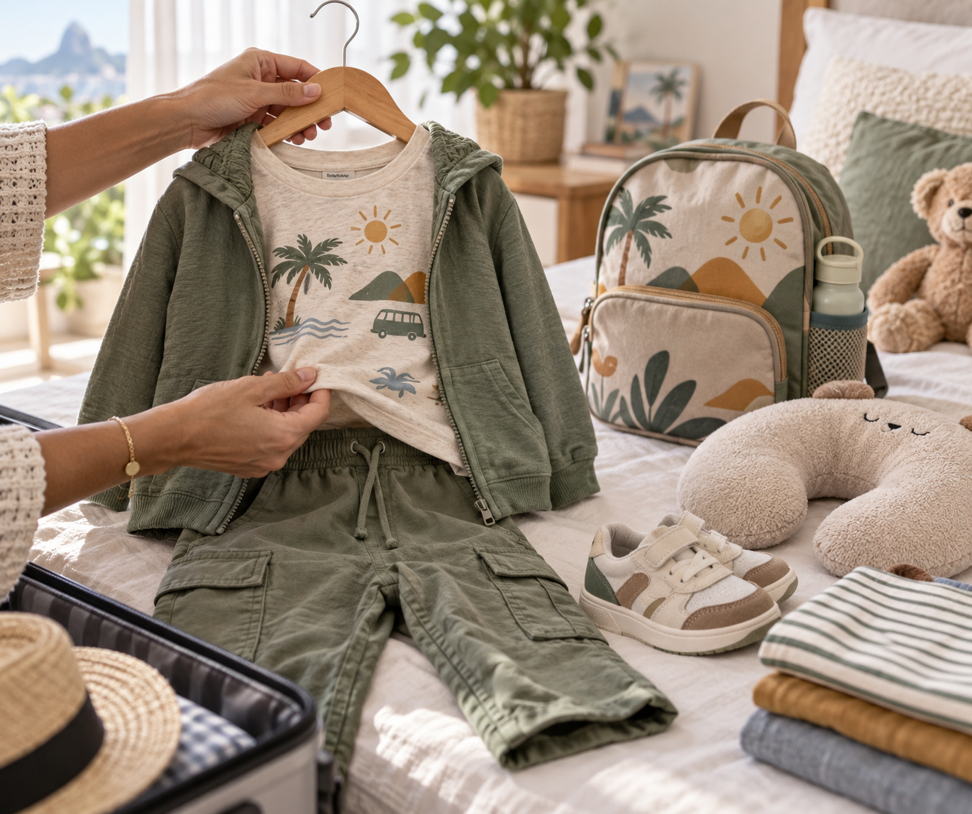 Roupa infantil sendo preparada com mochila e itens de viagem.