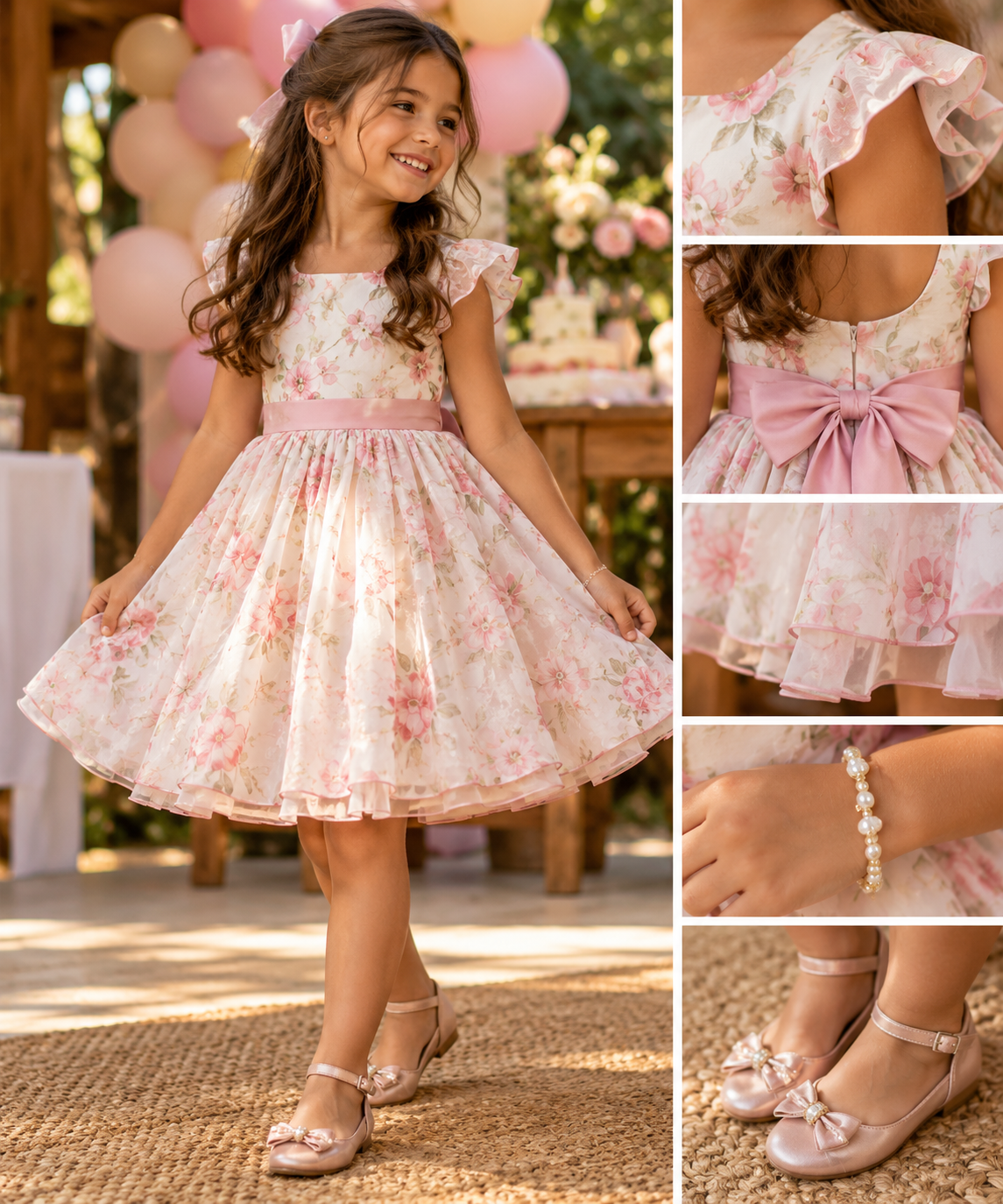 Vestido infantil de festa com sapatilhas e acessório para aniversário