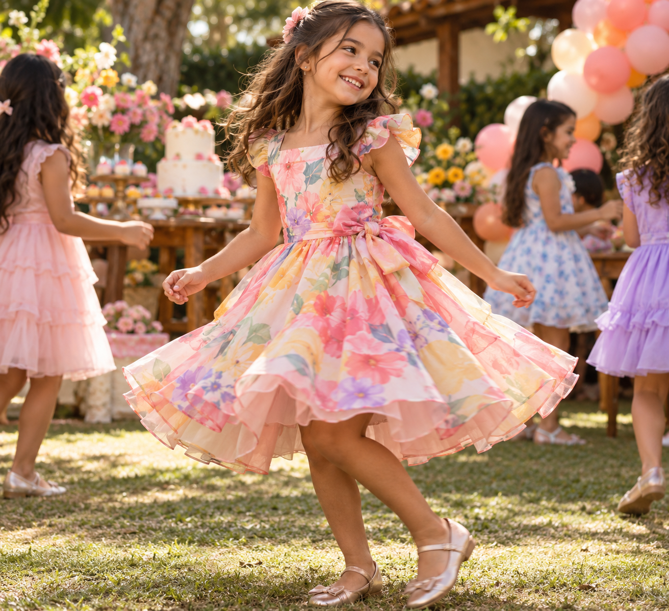 Menina usando vestido infantil em festa de aniversário em Aparecida do Rio Doce