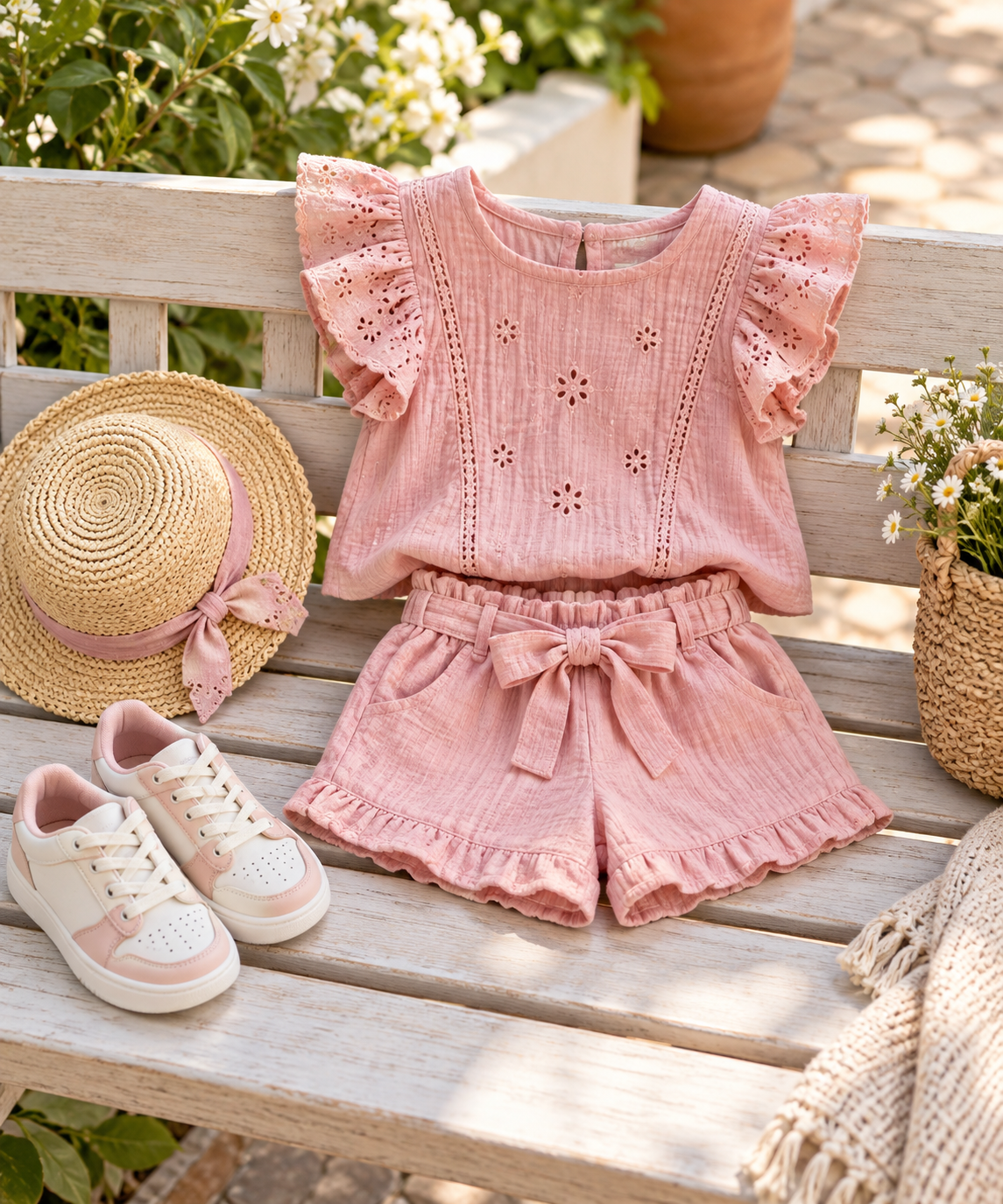 Conjunto infantil feminino para passeio organizado com acessórios confortáveis