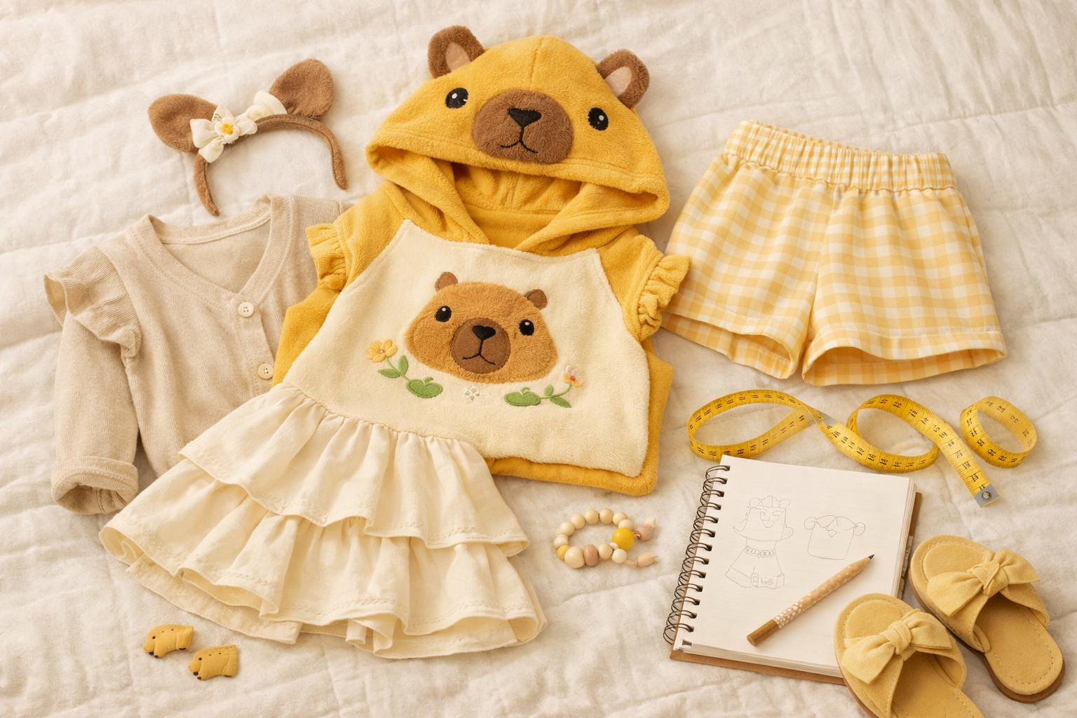Ideias de combinação para look infantil de capivara com peças amarelas e acessórios