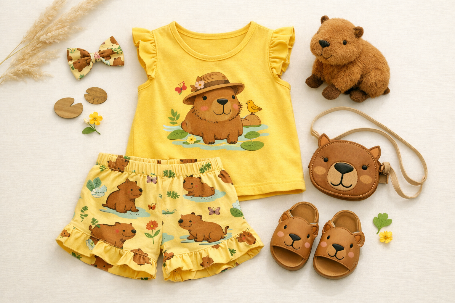 Look infantil feminino com conjunto amarelo e tema de capivara em composição flat lay