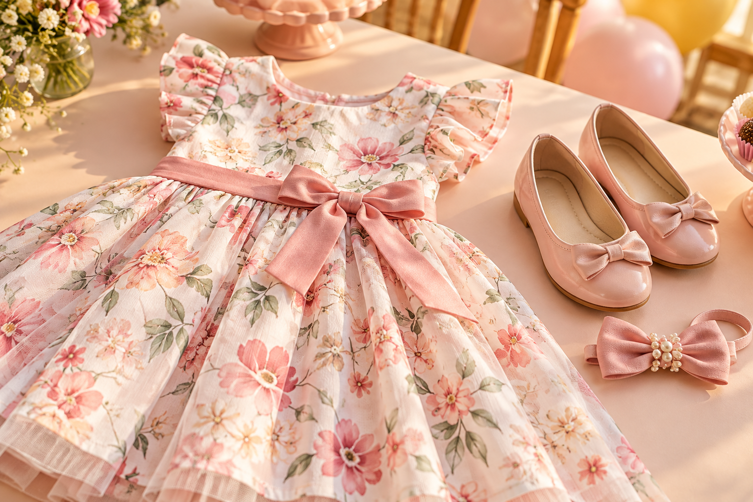 Vestido infantil de festa com sapatilhas e acessório de cabelo para aniversário