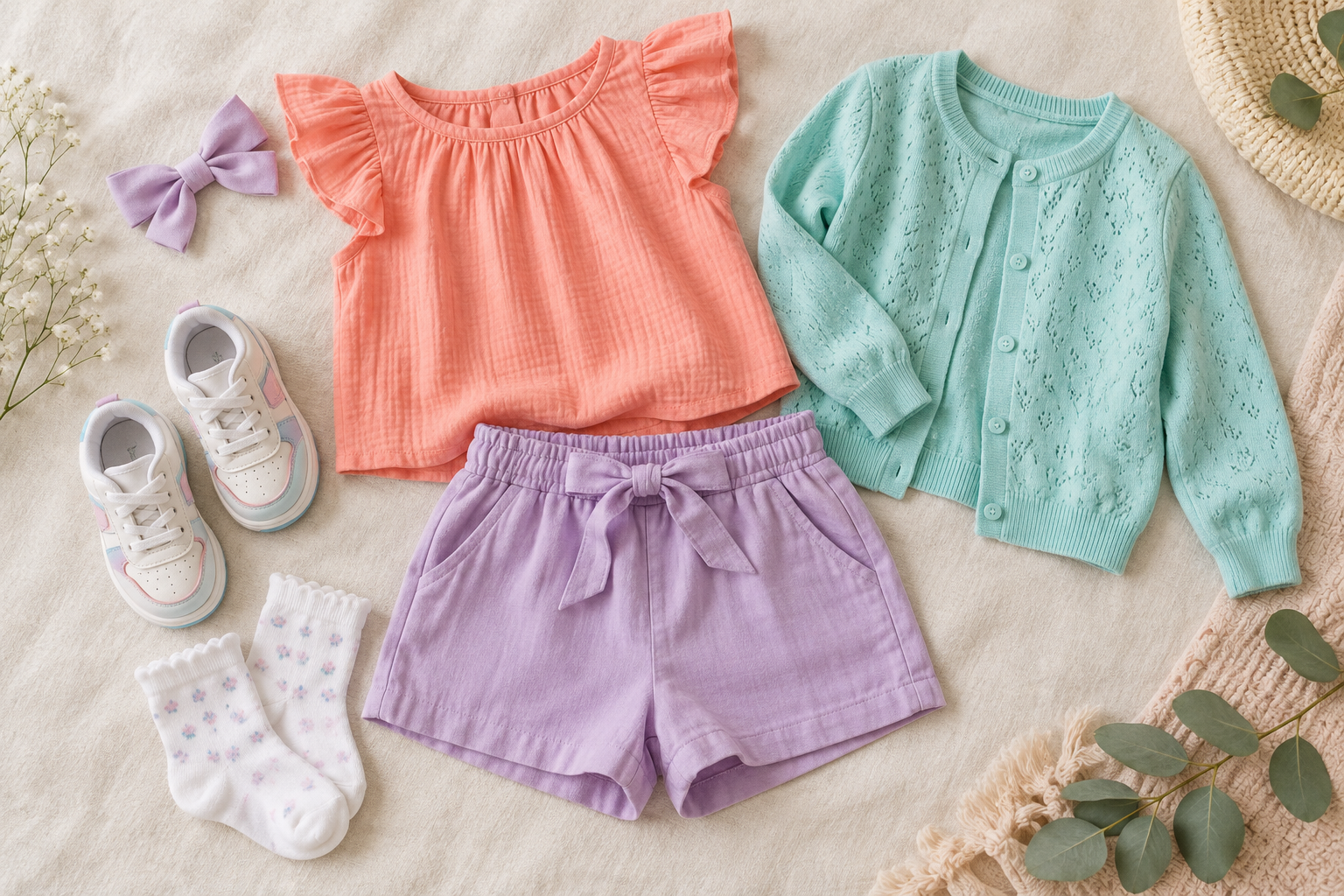 Peças e acessórios de um conjunto infantil feminino confortável para passeio