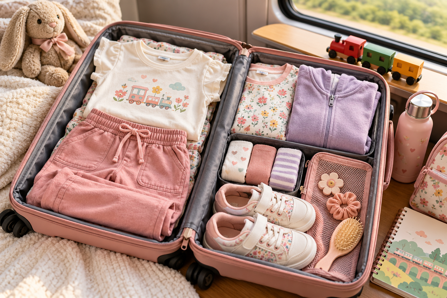 Checklist visual de mala com roupa infantil para viagem de trem