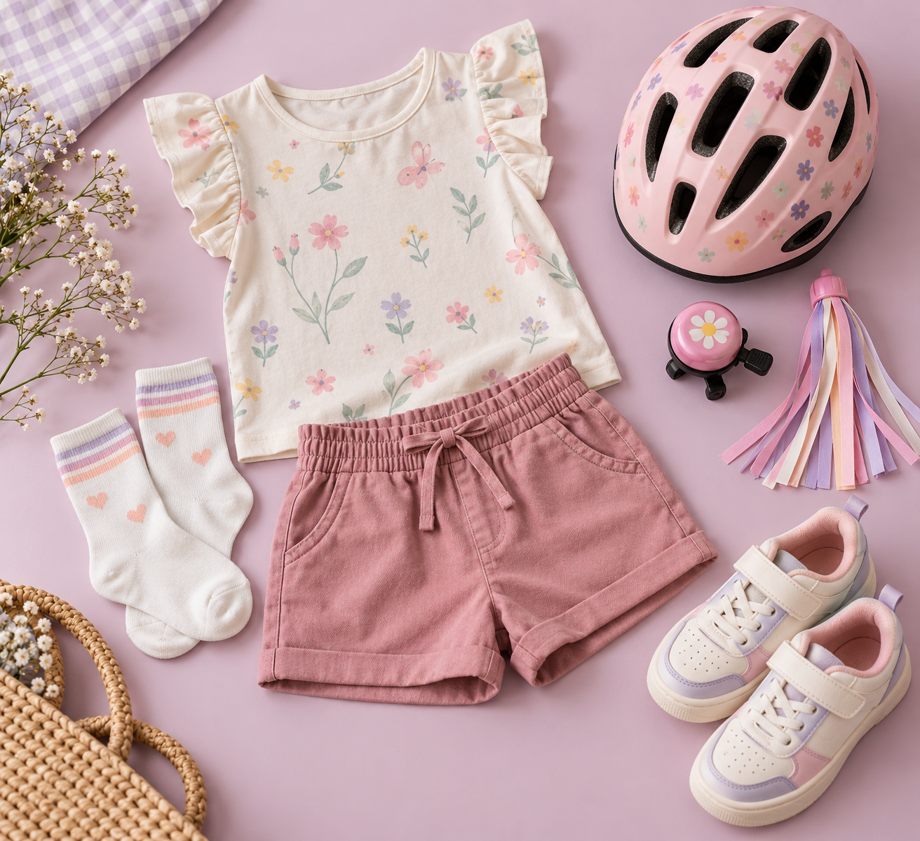 Flat lay de blusa infantil, short, tênis e capacete para passeio de bicicleta
