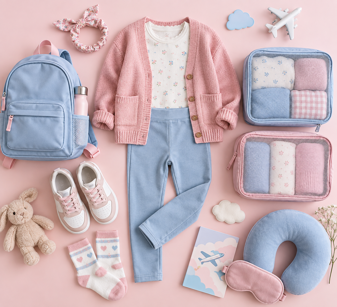 Checklist visual com roupa infantil, mochila e acessórios para viagem de avião