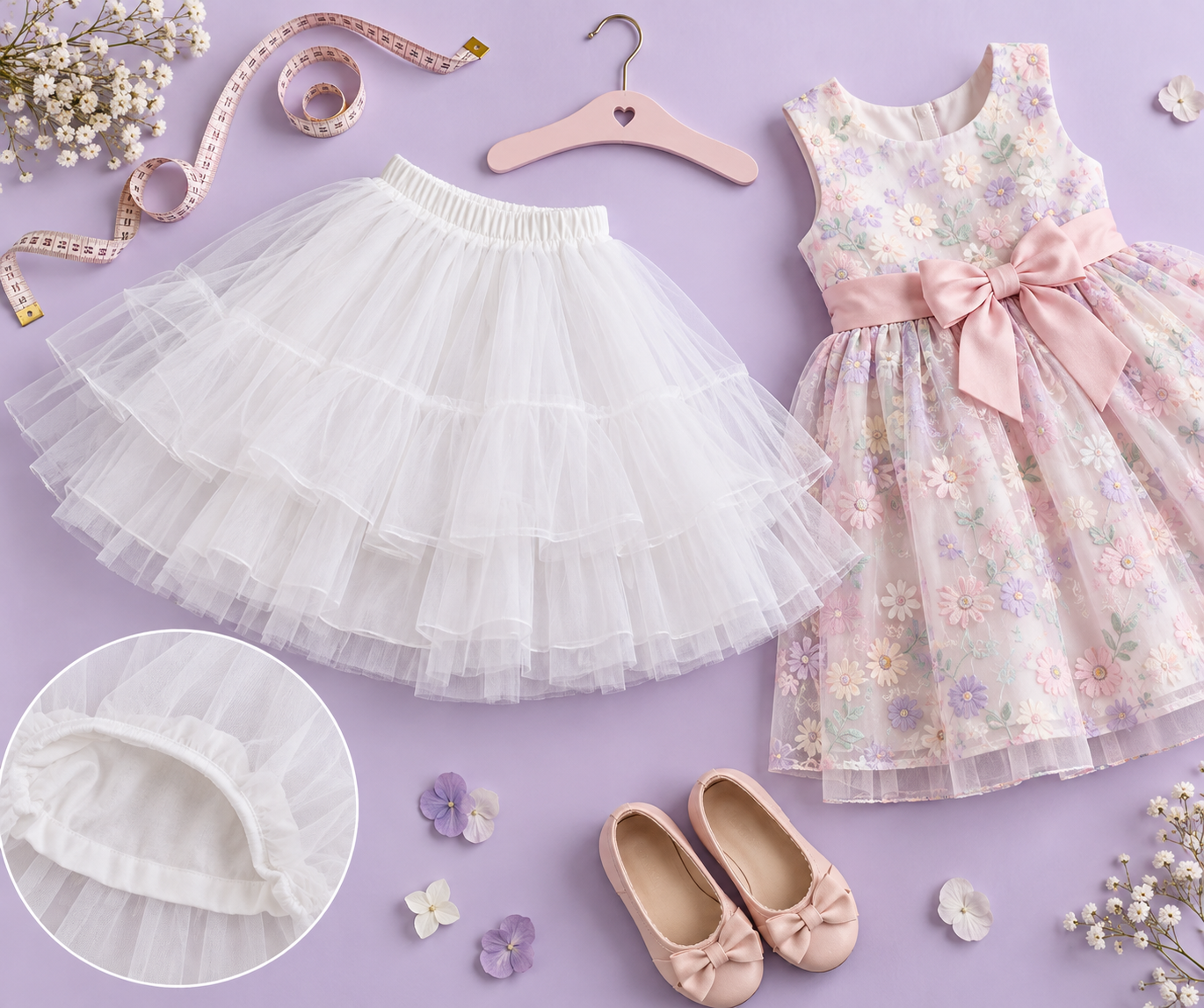 Saia de filó, vestido infantil e fita métrica em composição editorial