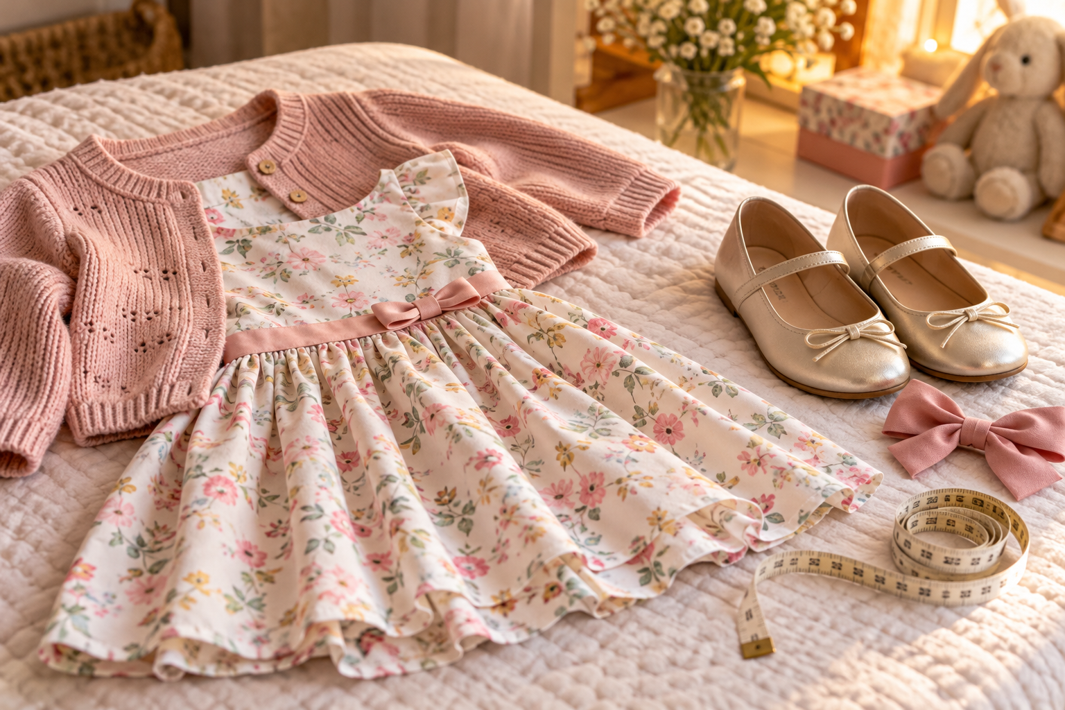 Vestido infantil para festa separado com acessórios e fita métrica para planejar o look