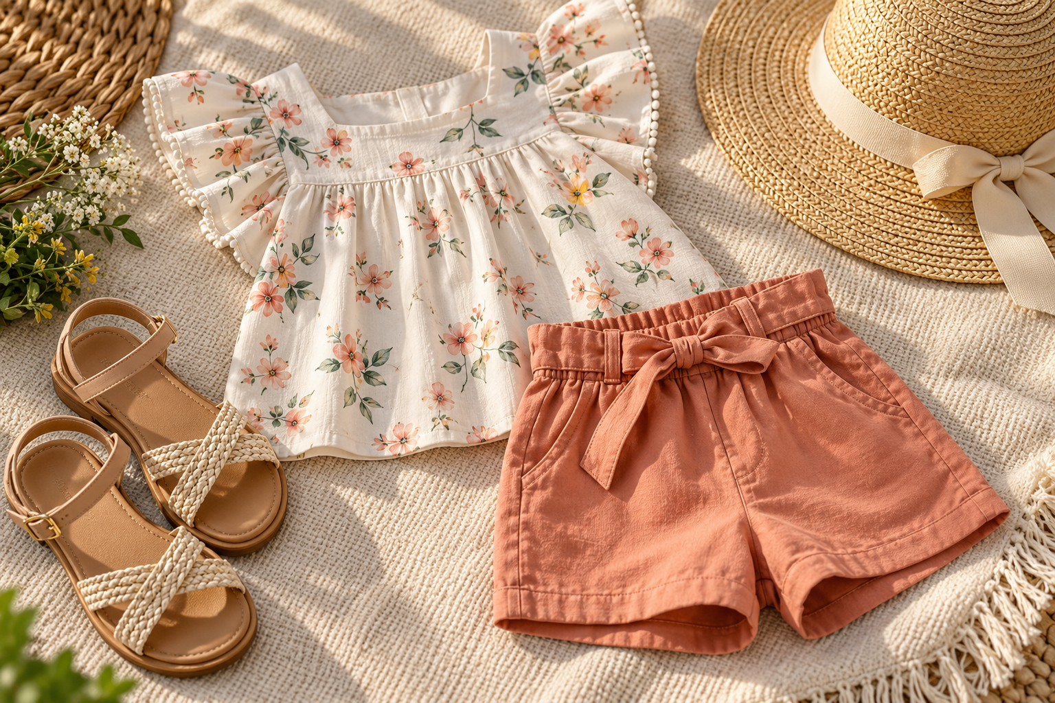 Conjunto infantil feminino para passeio com sandálias e chapéu