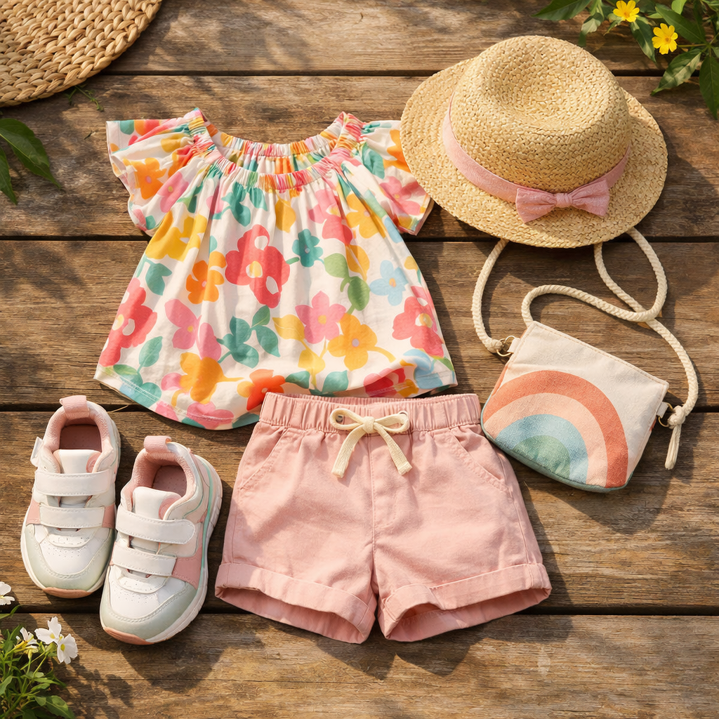 Ideia de look infantil feminino para fim de semana — conjunto com acessórios práticos.