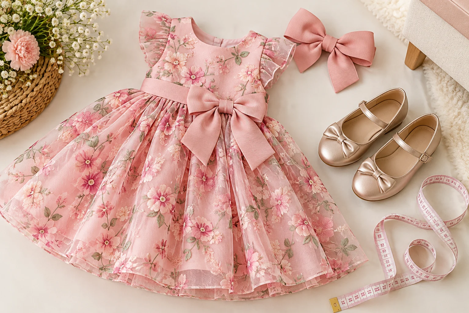 Vestido infantil, sapatilhas, laço e fita métrica para avaliar tamanho e conforto