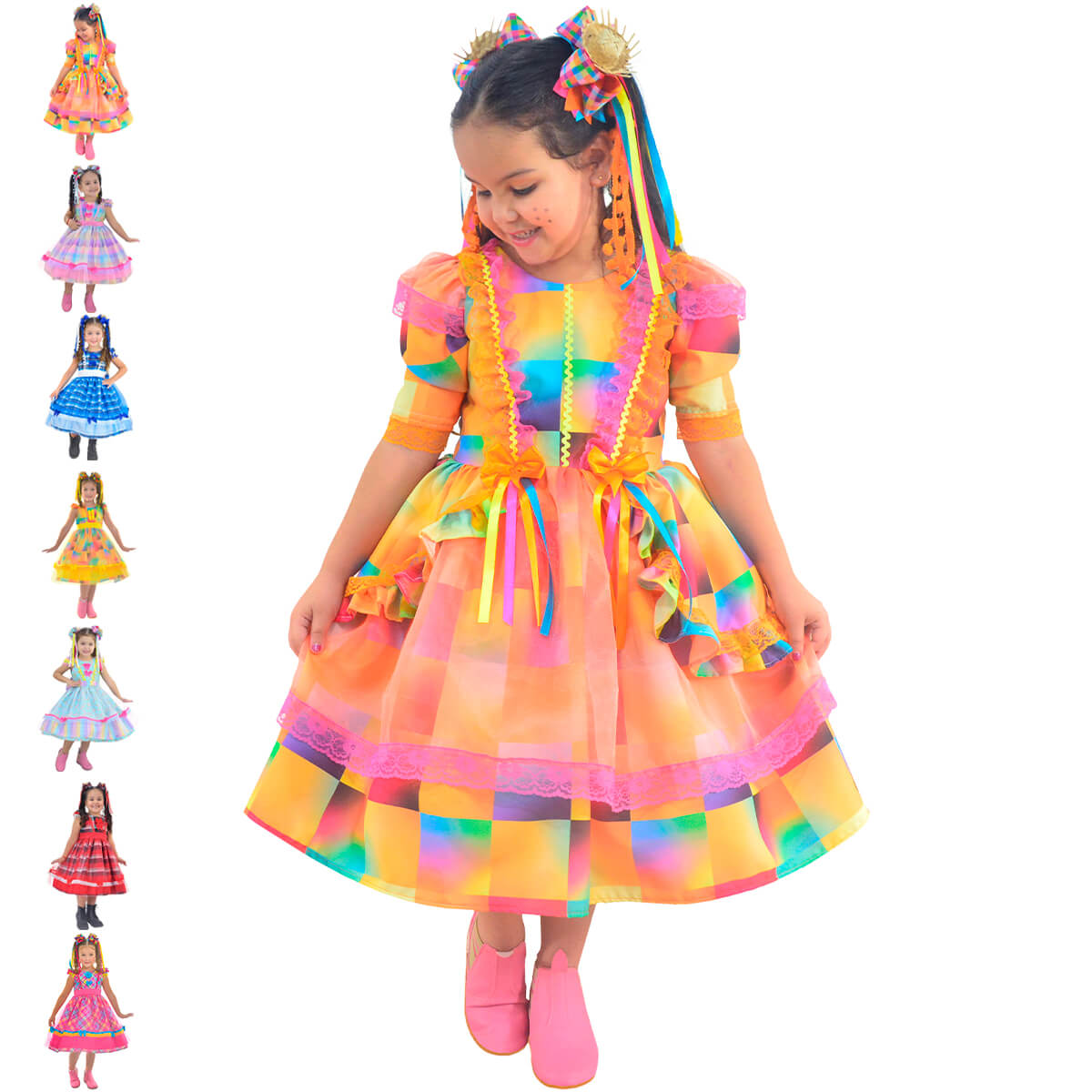 Vestido infantil xadrez para festa e quadrilha