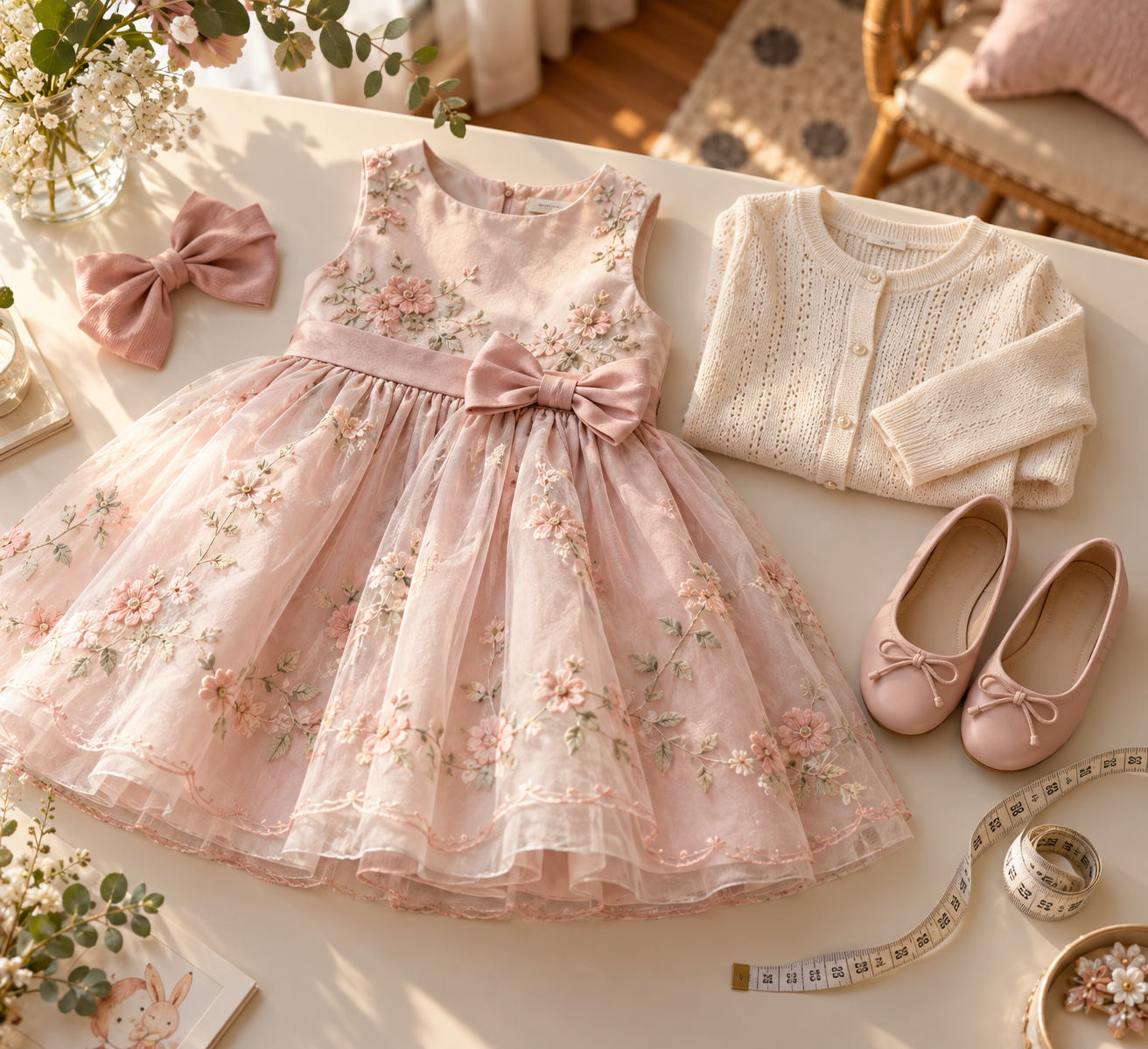Detalhes de look infantil para aniversário com vestido, acessórios e fita métrica