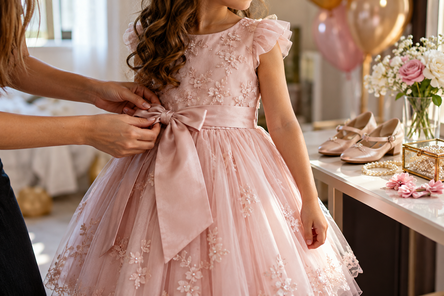 Detalhes de tecido e acabamento de look infantil feminino para aniversário