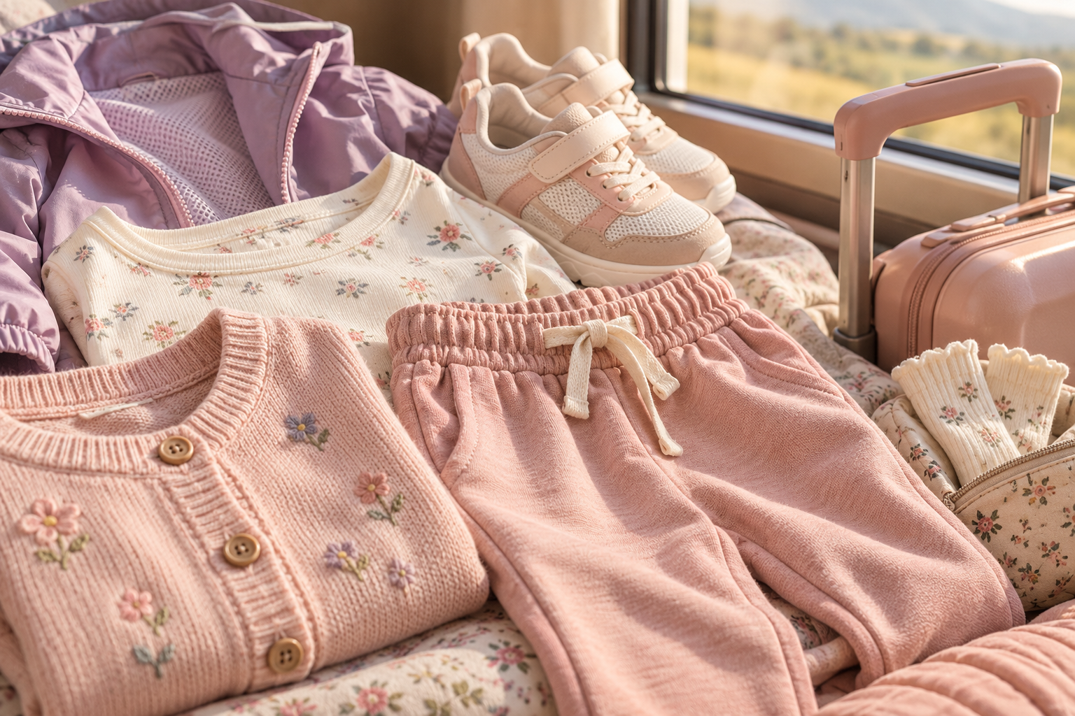 Detalhes de roupa infantil confortável para viagem de trem