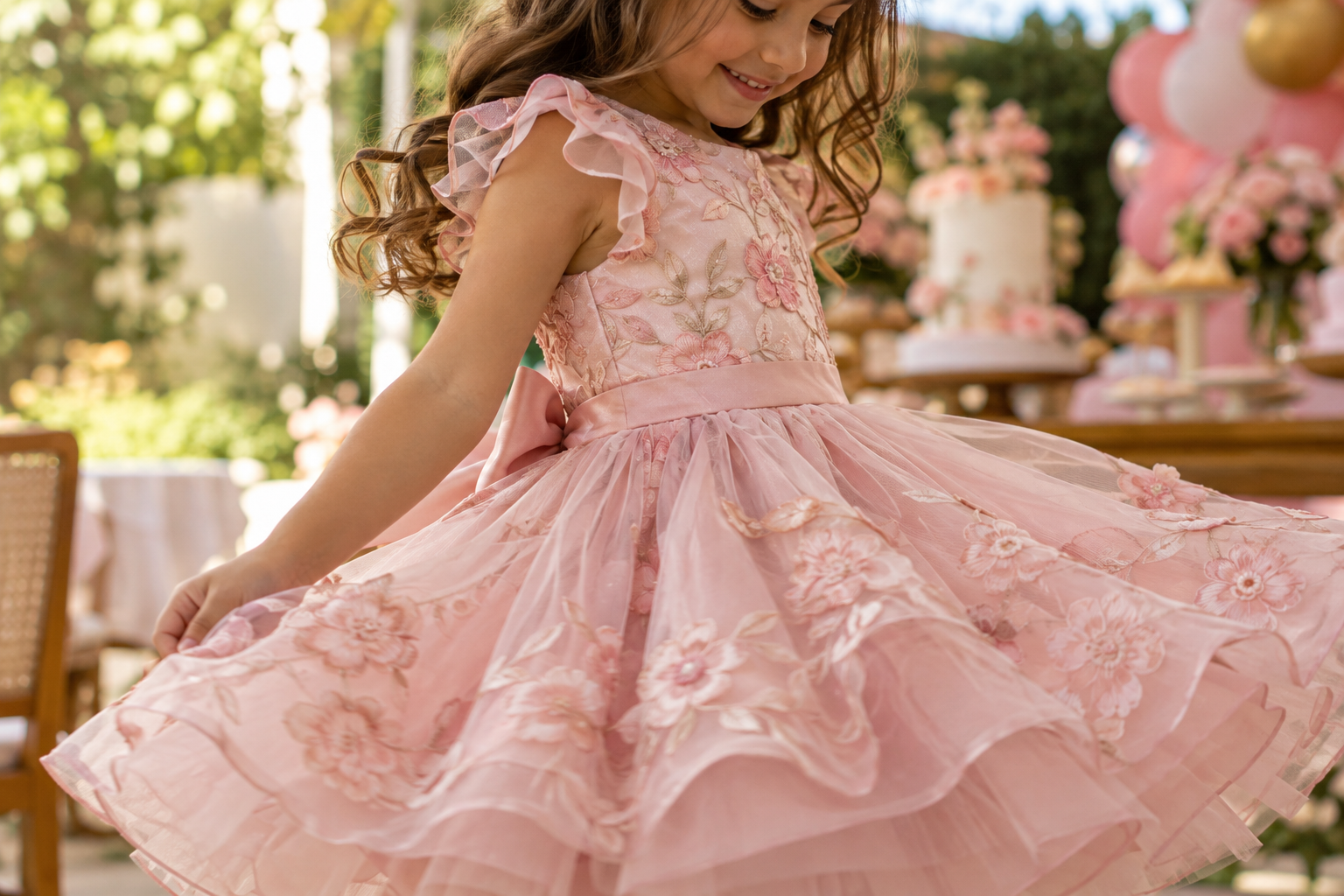 Detalhes de tecido e acabamento de vestido infantil para festa