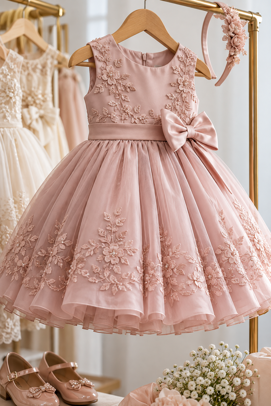 Detalhes de vestido infantil de festa com saia rodada e acabamento delicado