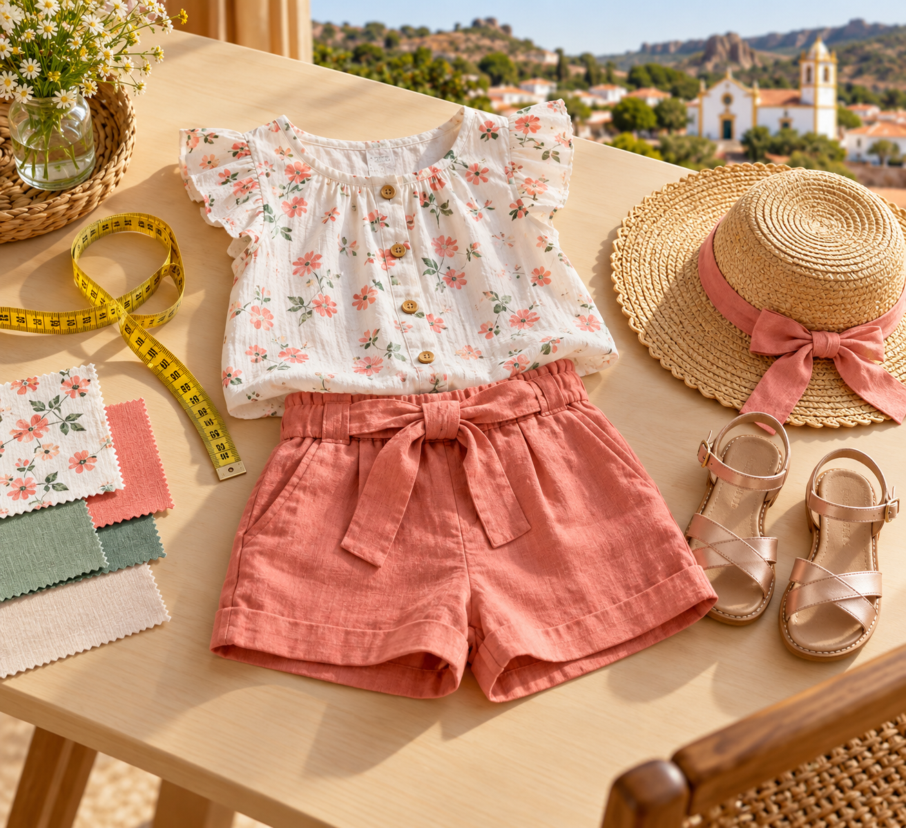 Conjunto infantil feminino com fita métrica e tecidos para avaliar medidas e conforto