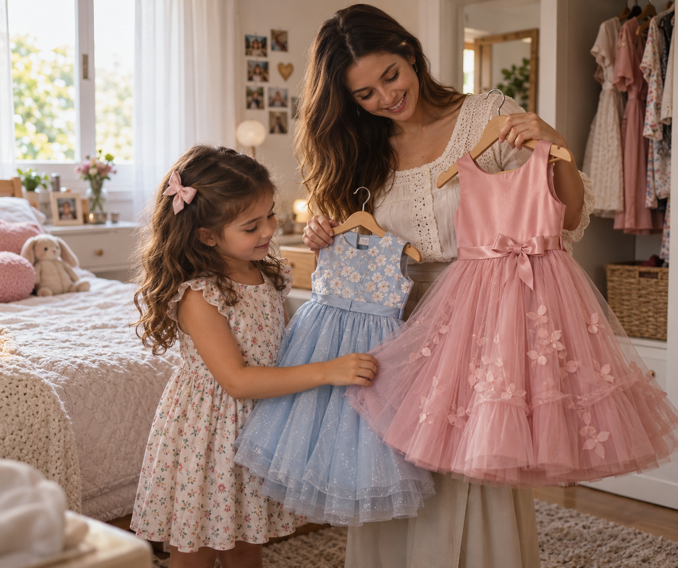 Mãe e filha escolhendo vestido infantil para uma festa