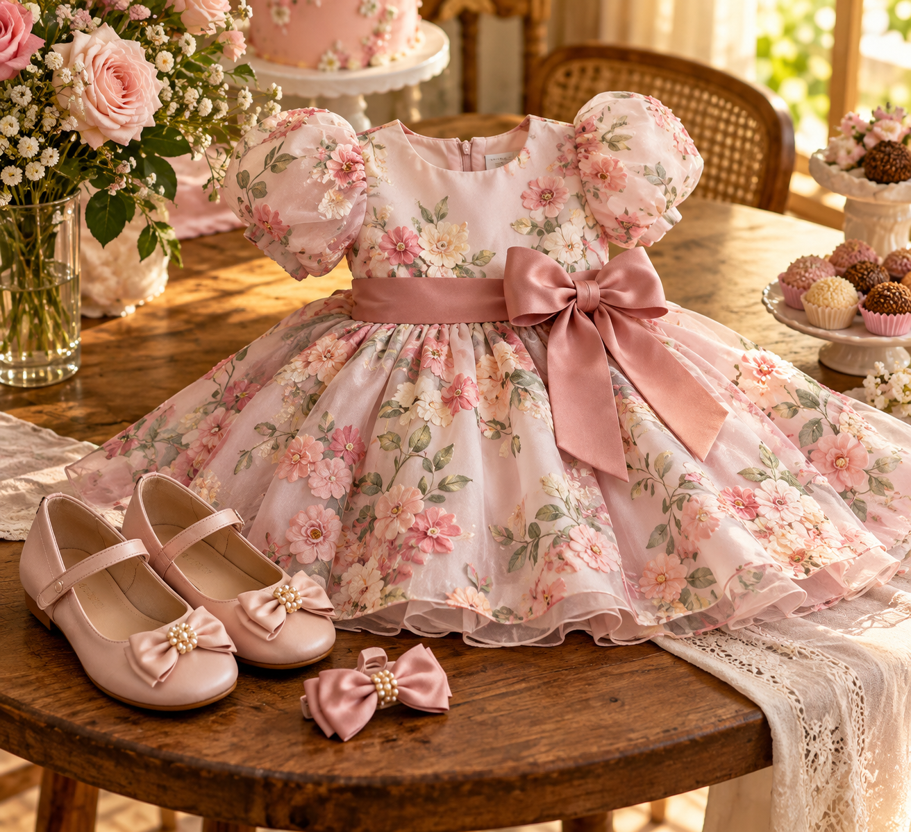 Vestido infantil de festa com calçado confortável e acessório